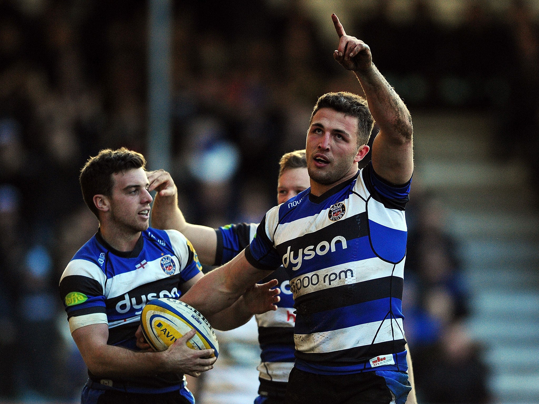 Sam Burgess celebrates scoring his first try in rugby union