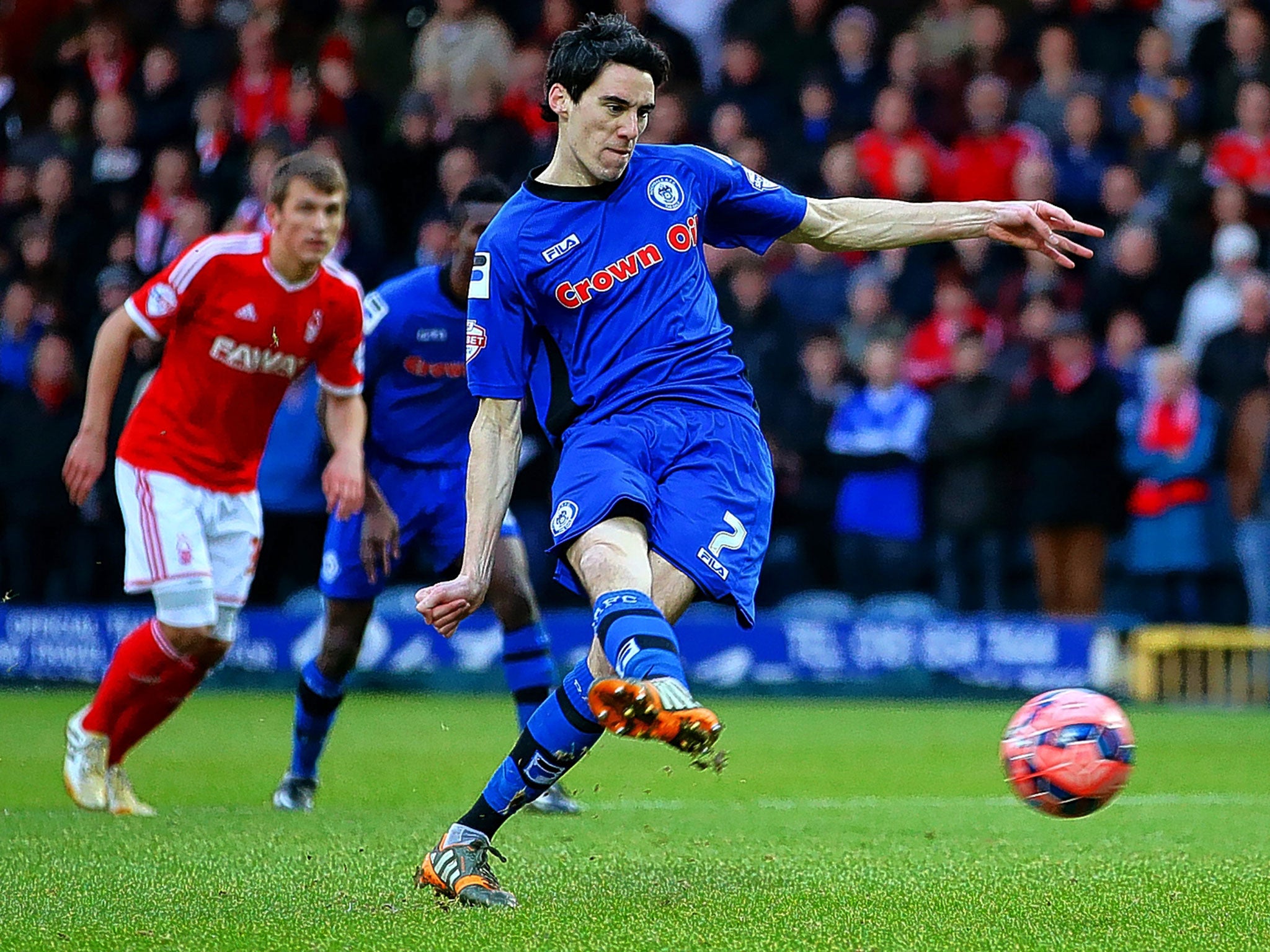 Rochdale’s Peter Vincenti scores from the penalty spot to put Nottingham Forest out of the FA Cup in the third round