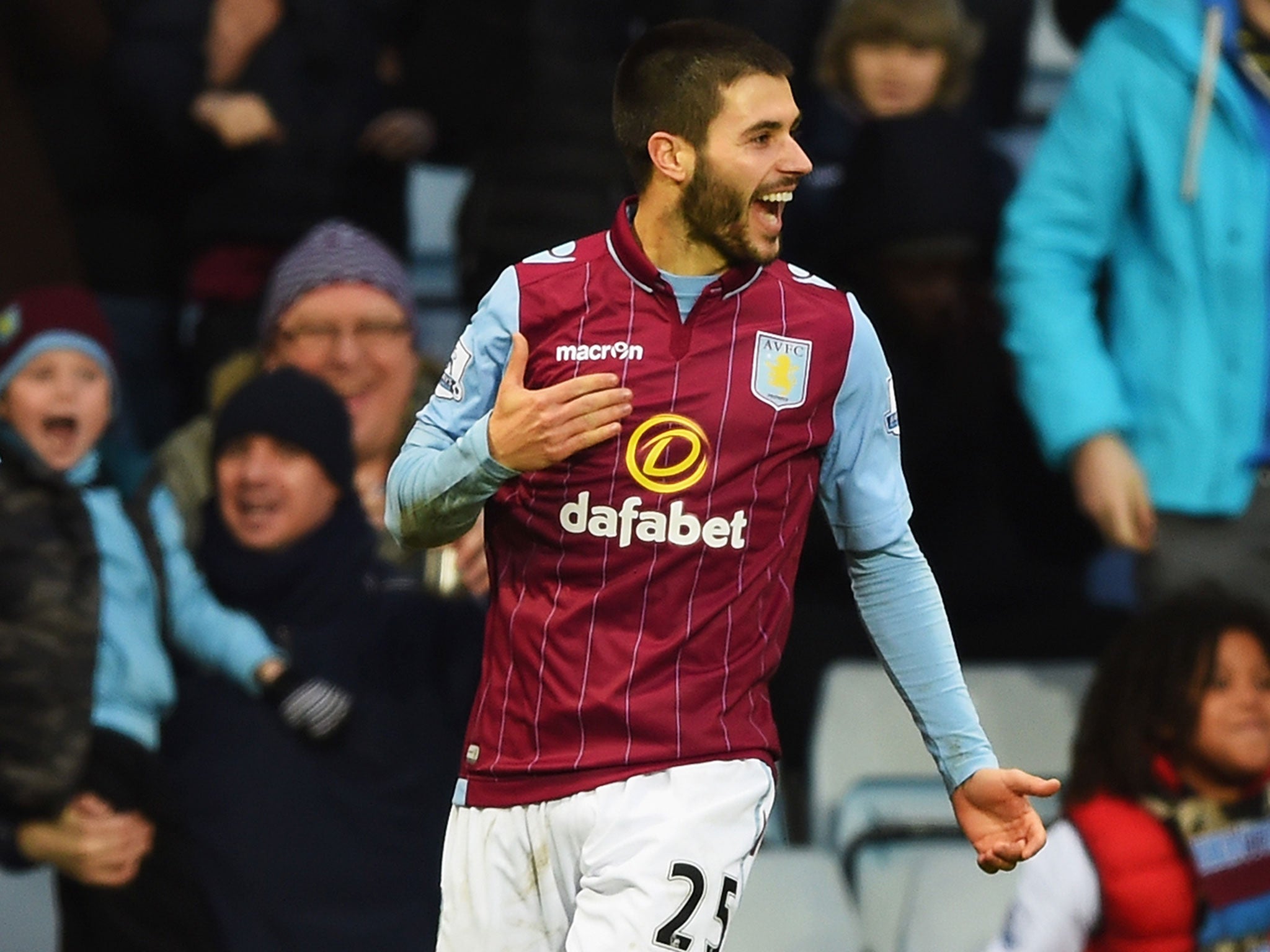 Carles Gil celebrates his first goal for Aston Villa