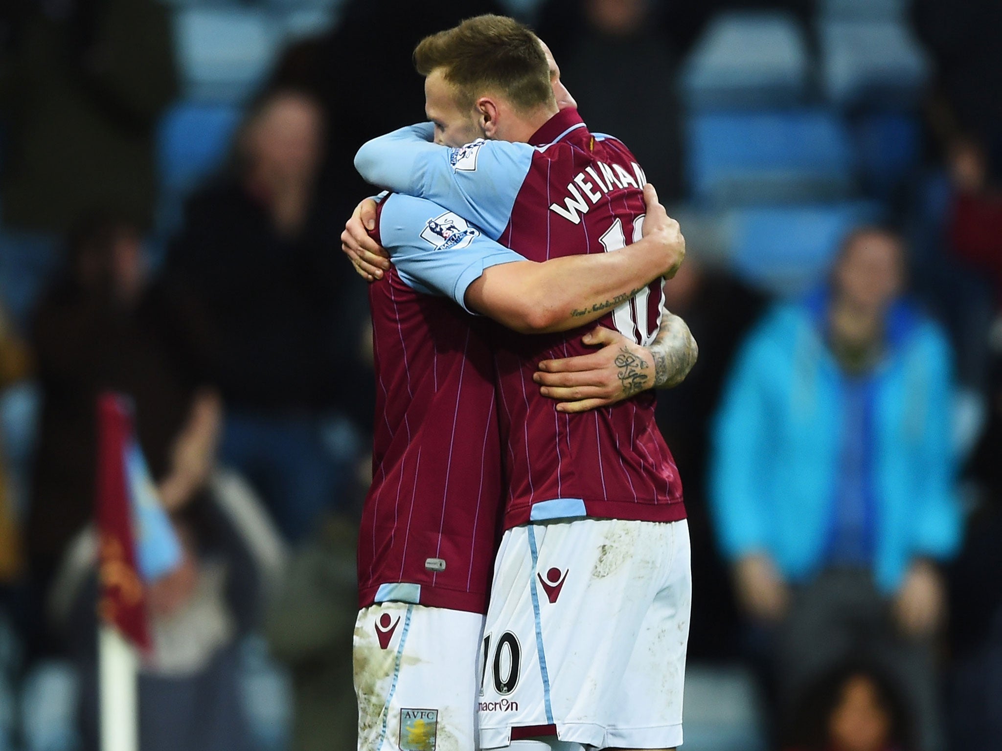 Weimann (right) celebrates scoring Villa's second