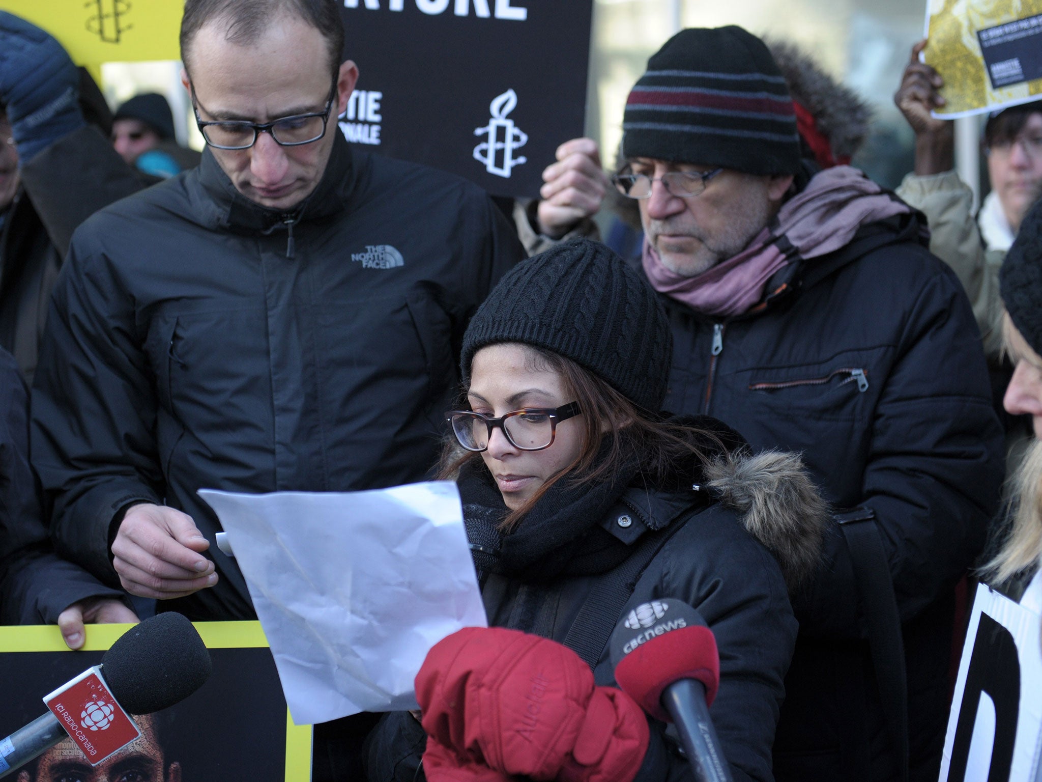 Ensaf Haidar, the wife of Saudi blogger Raif Badawi, at a vigil in Montreal on 13 January