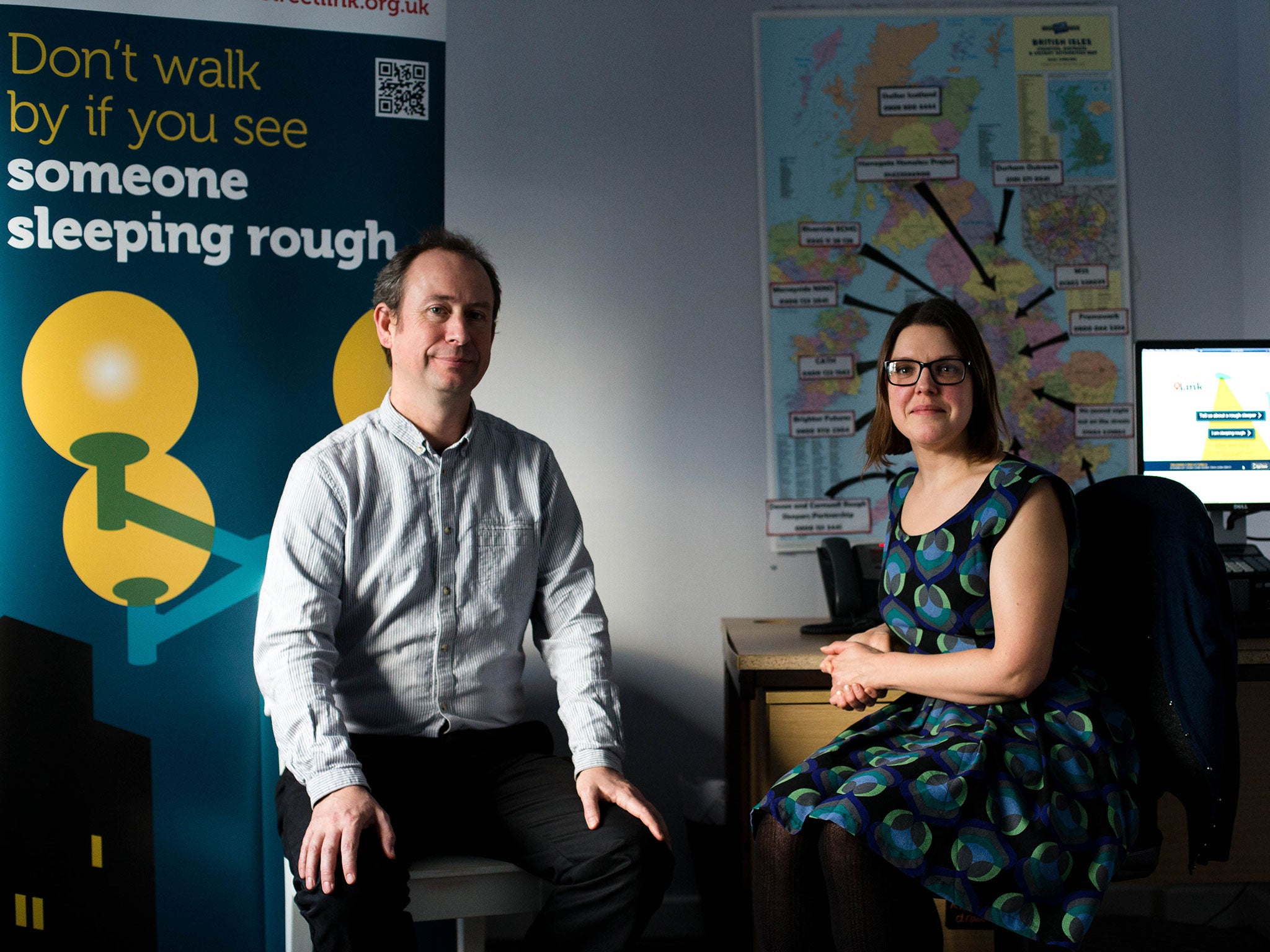 Matt Harrison and Viv Griffiths of StreetLink, at their base in the Hope Gardens Hostel in Shepherds Bush, west London