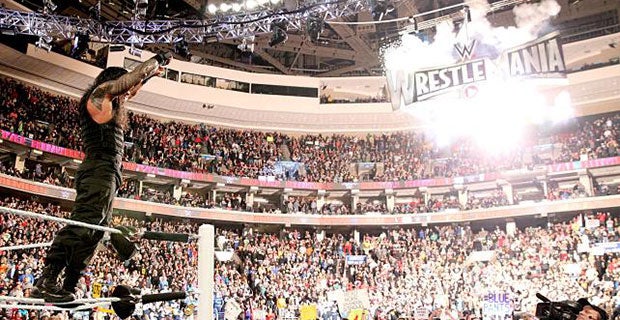 Roman Reigns celebrates his Royal Rumble victory