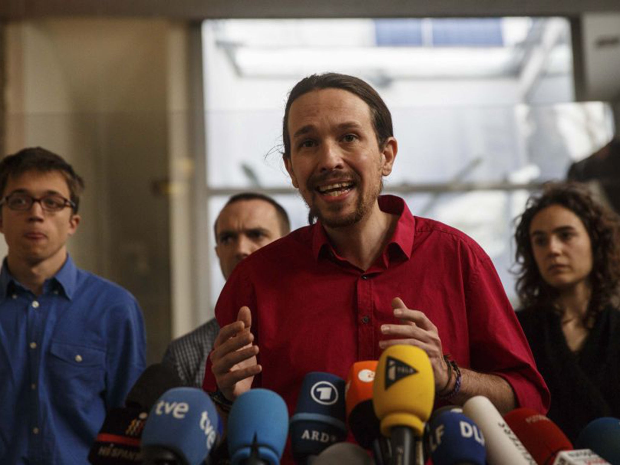 Pablo Iglesias, the leader of Spain’s anti-austerity party Podemos, appeared at a Syriza rally