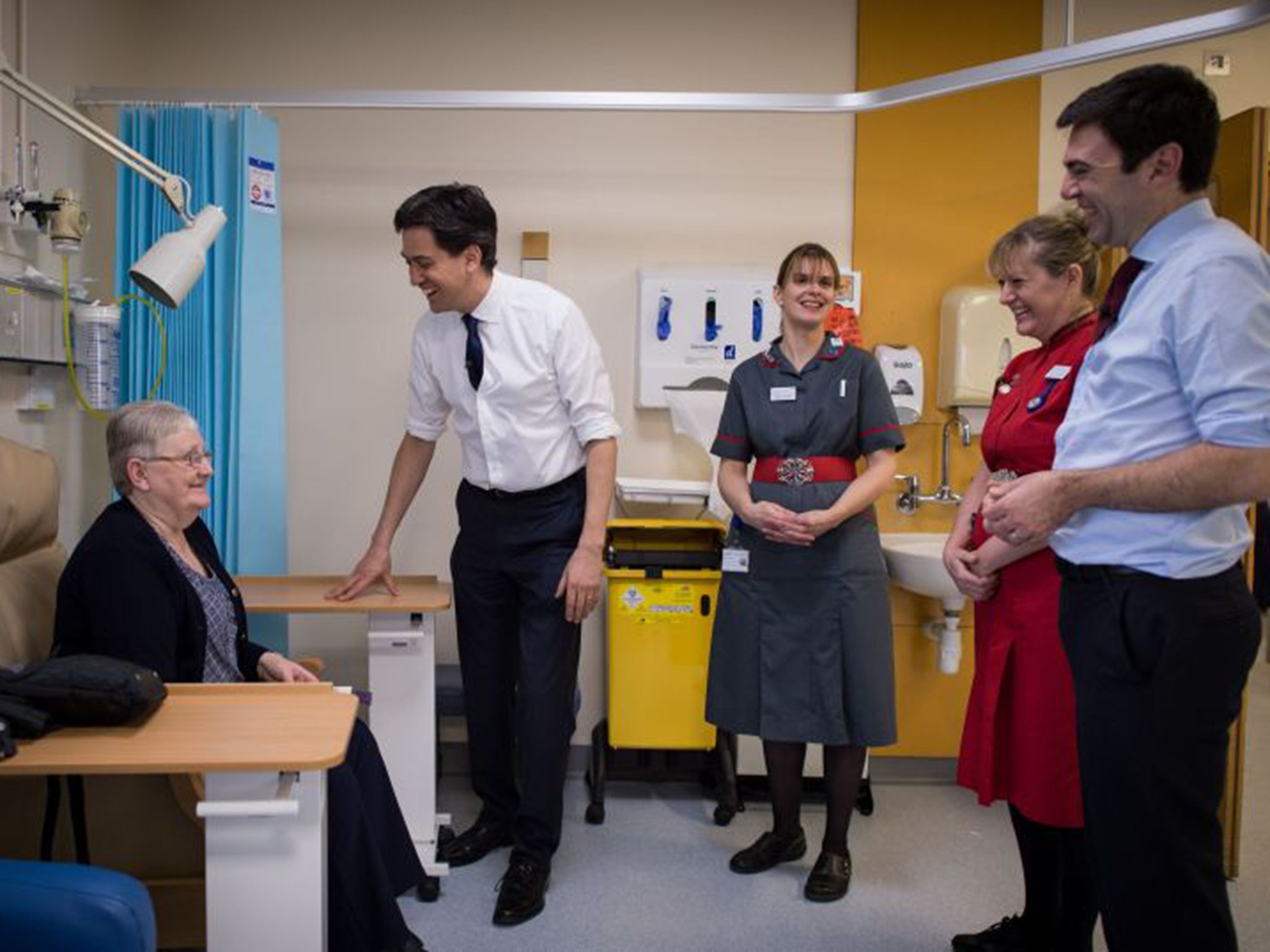 Ed Miliband and shadow Health Secretary Andy Burnham with staff and patients at George Eliot Hospital in Nuneaton on Monday