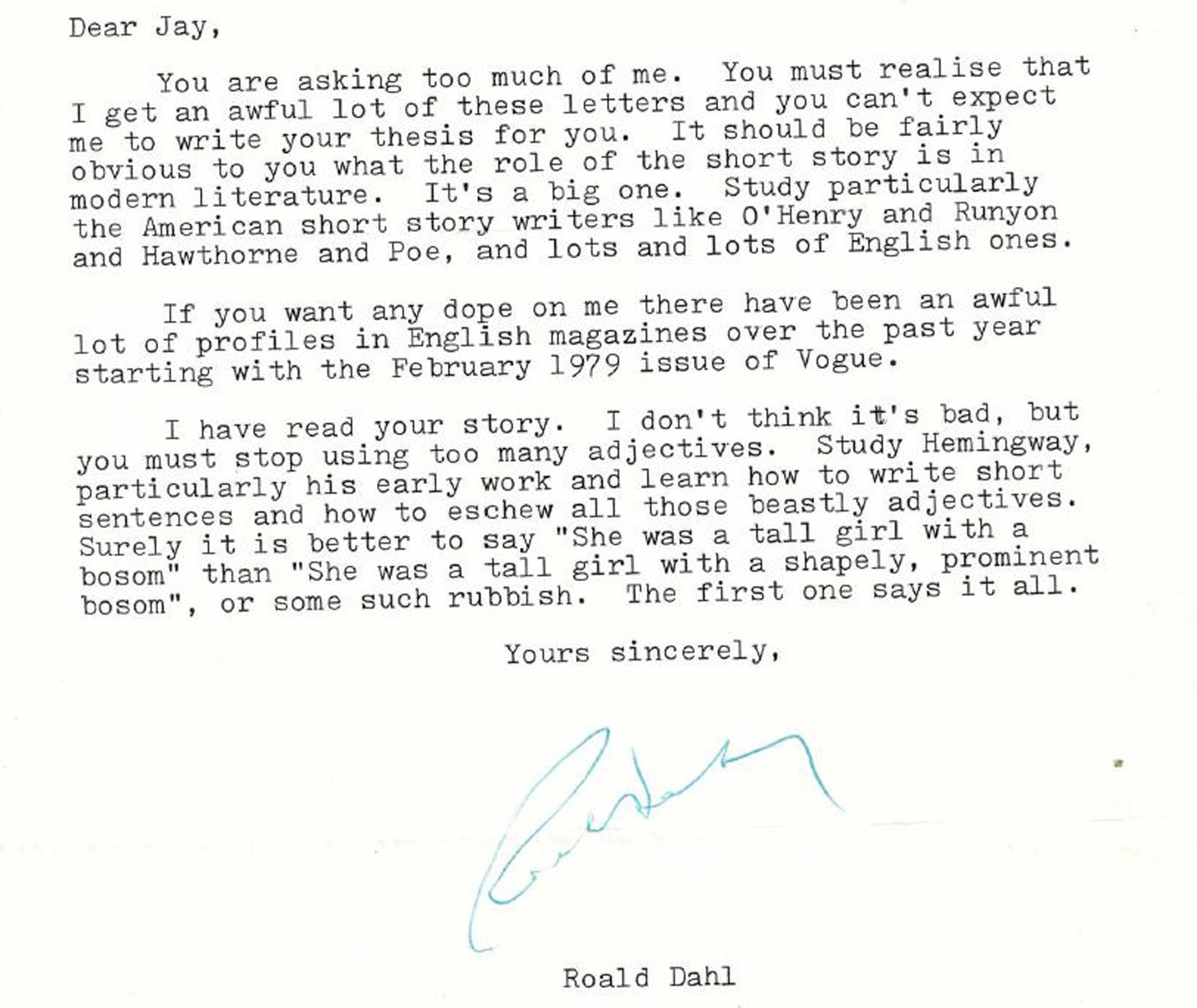 A letter dated 1980 that Roald Dahl sent to A-level student Jay Williams