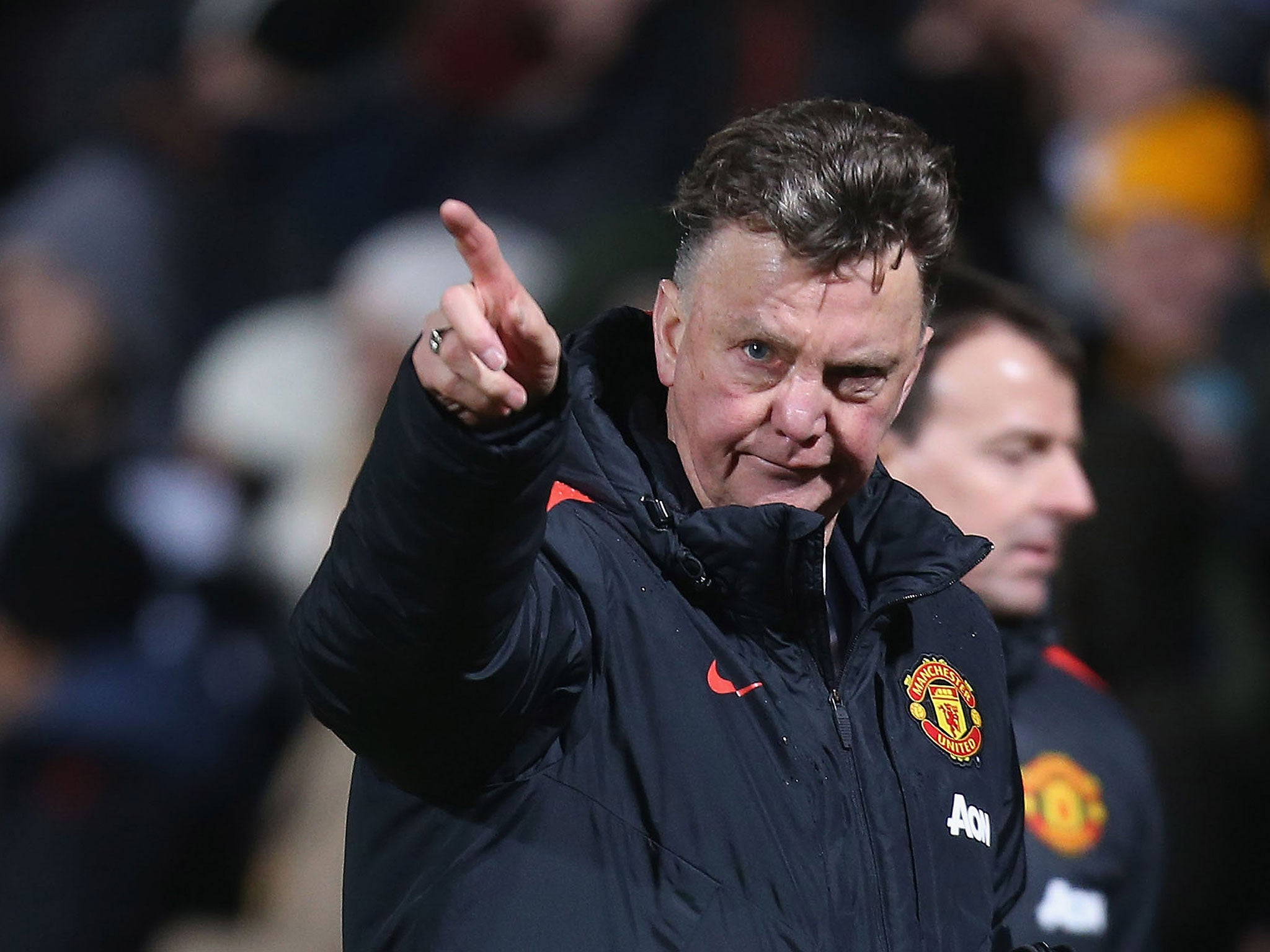 Manchester United manager Louis van Gaal makes a point