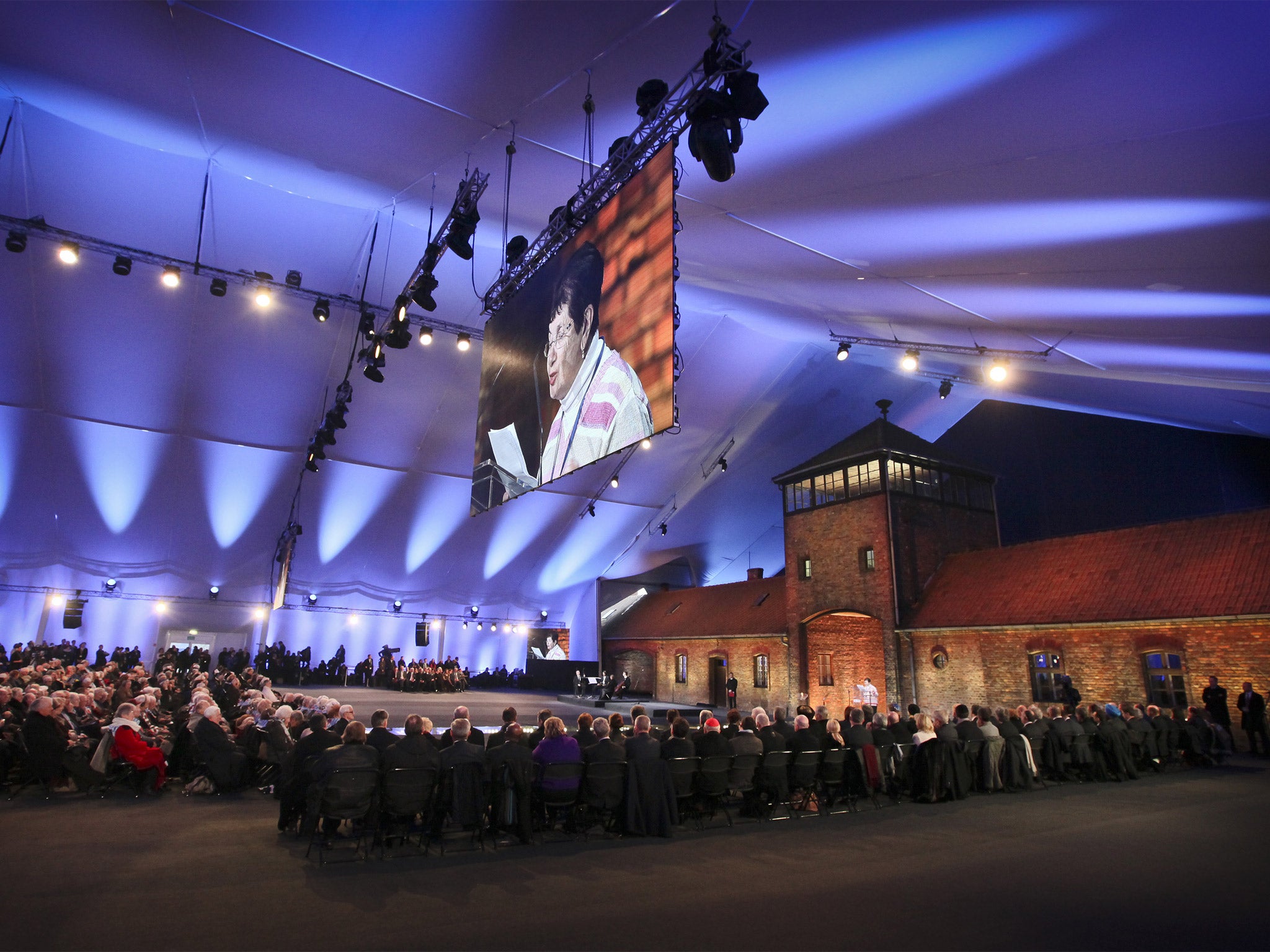 Survivor Halina Birenbaum speaks at the official memorial ceremony, at the Birkenau death camp in Oswiecim, Poland