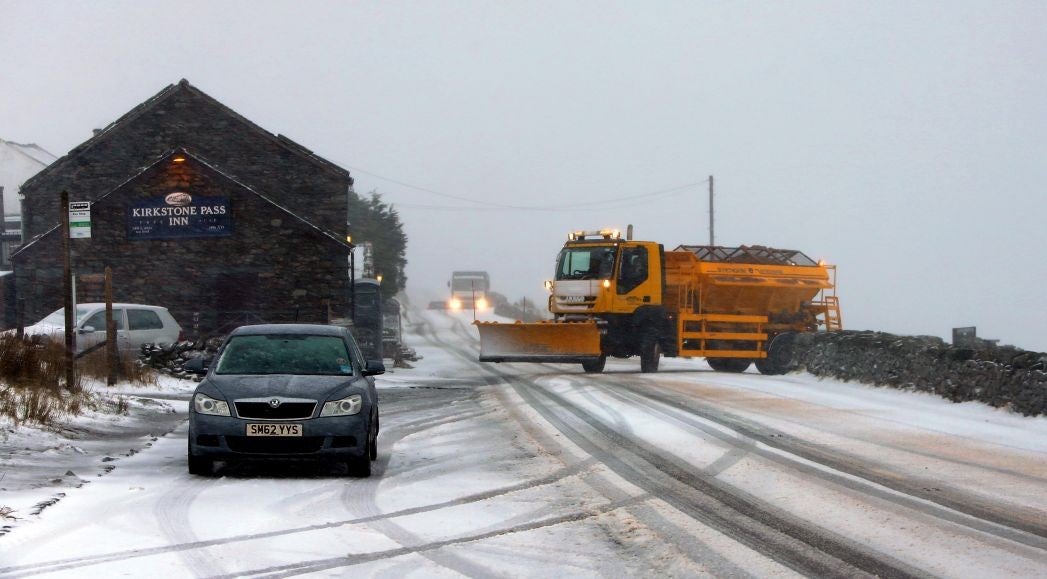 A snowplough in operation in Cumbria this afternoon