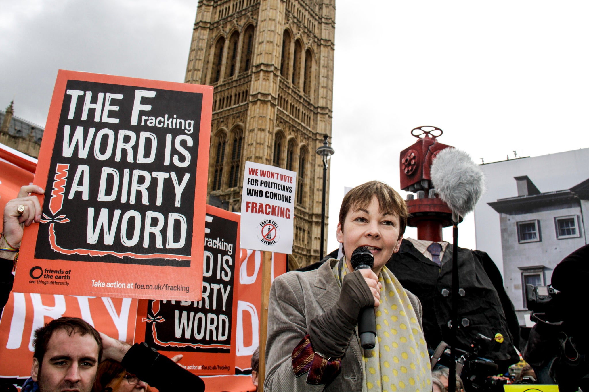 Caroline Lucas from the Green Party with anti-fracking campaigners outside Parliament this week.