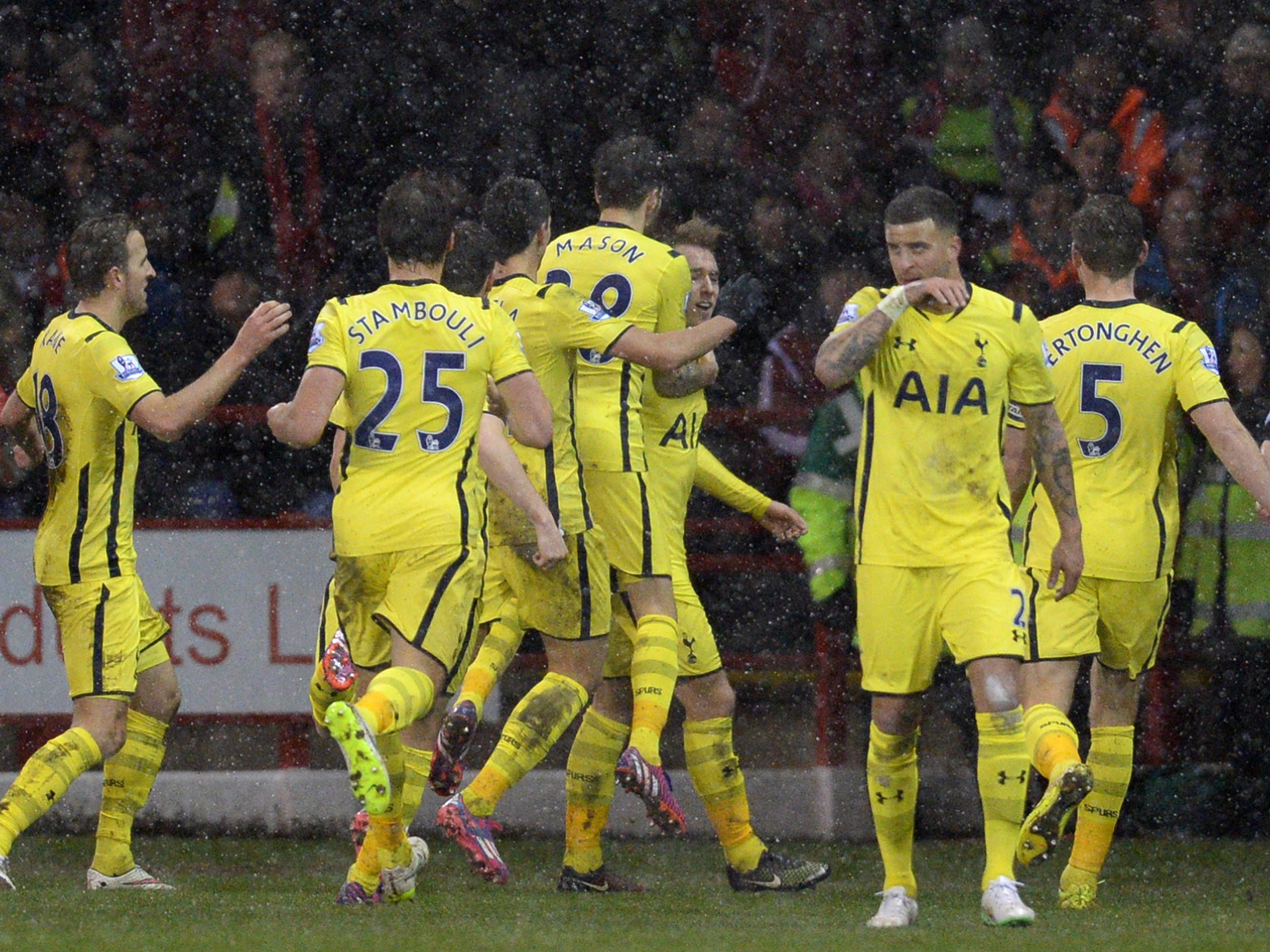 Spurs players mob the Dane