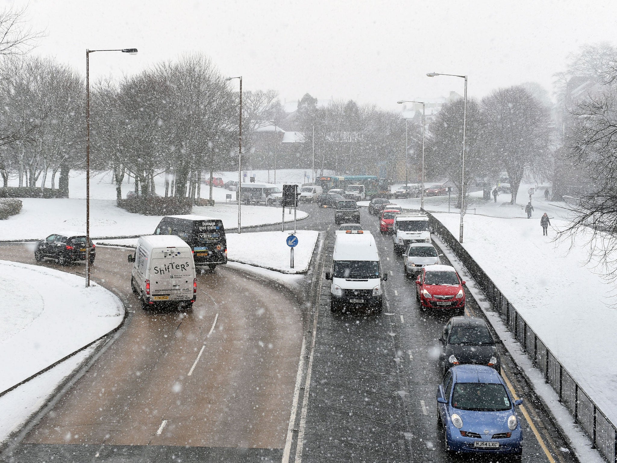 Heavy snow falls on the A690 into Durham