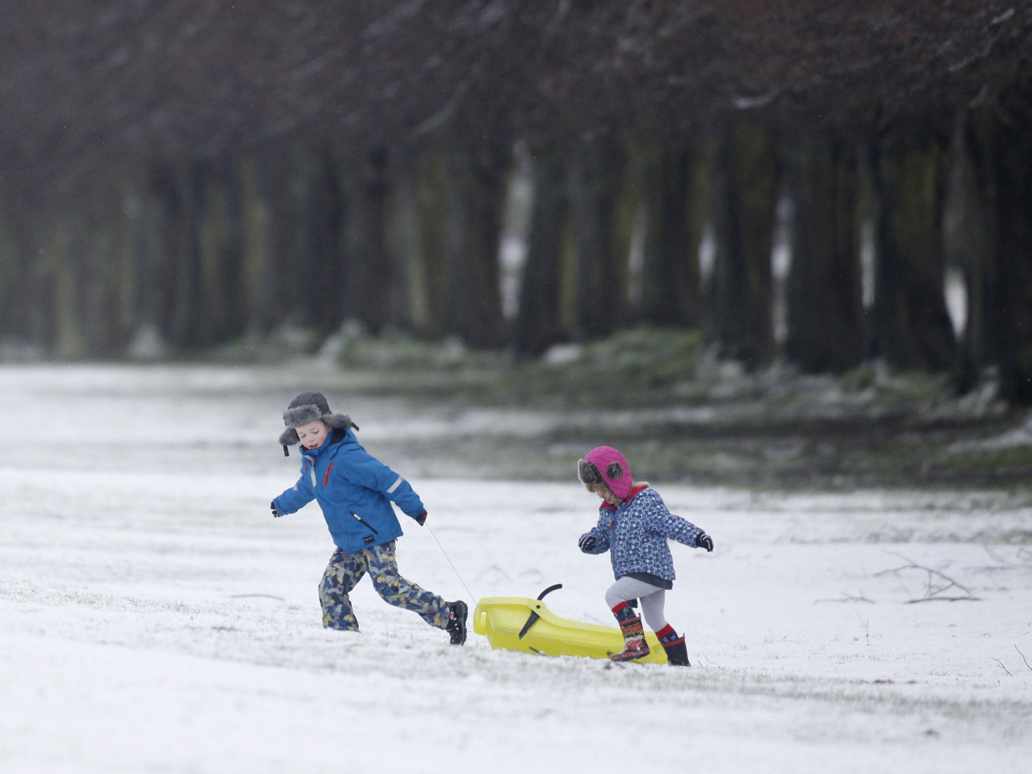 Children play in the snow in the grounds of Stormont, Belfast, Northern Ireland