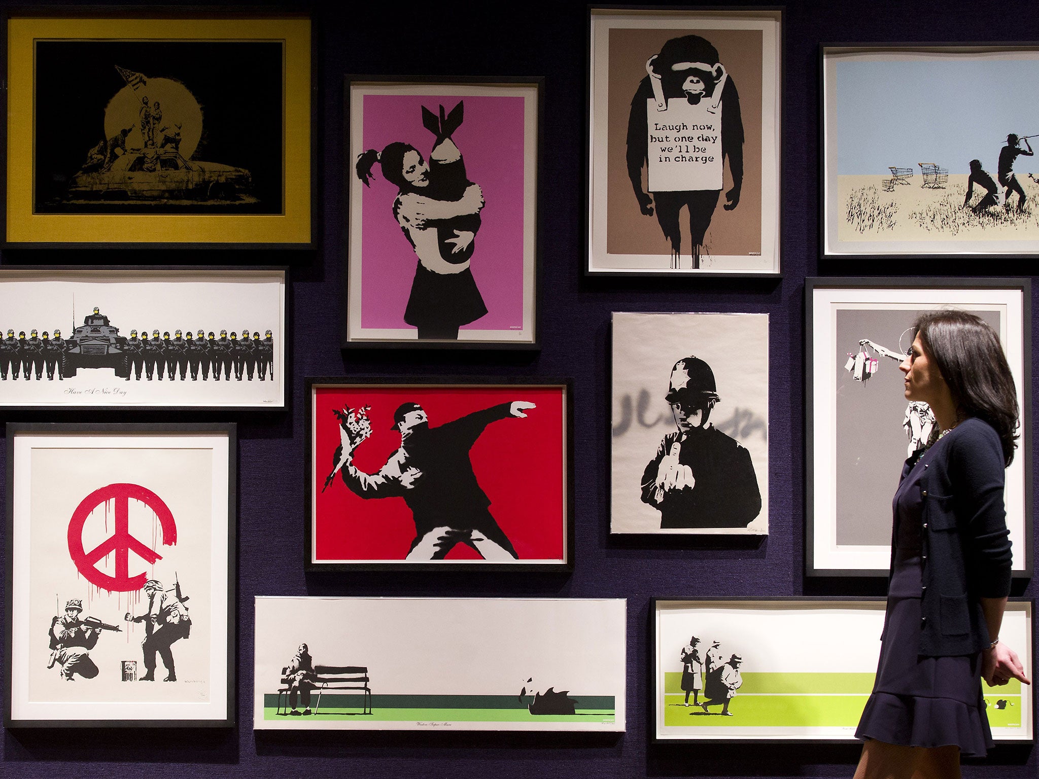 The collection of 30 Banksy prints at Bonhams auction house in London