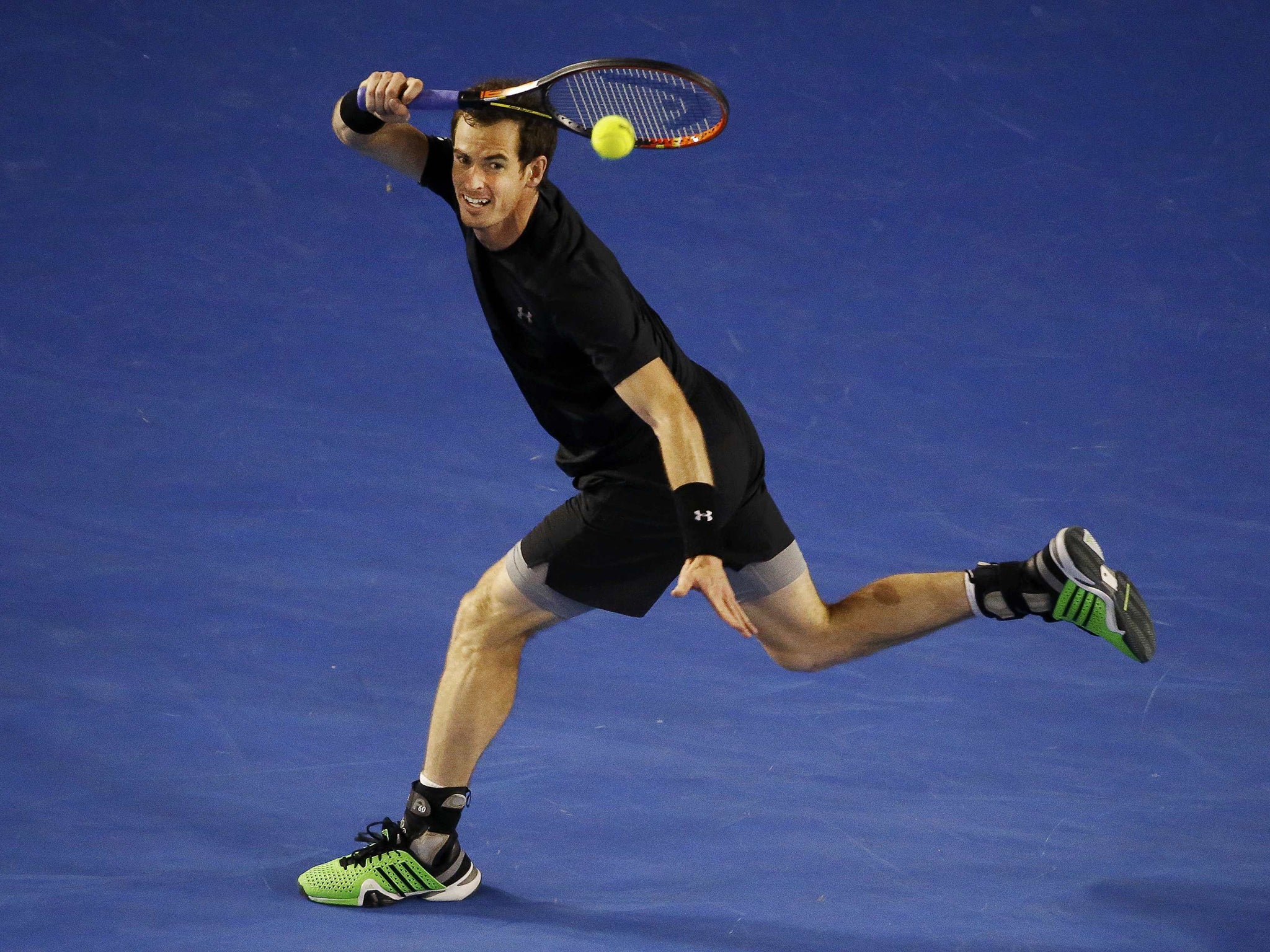 Andy Murray unleashes a forehand during his impressive victory over Tomas Berdych in Melbourne