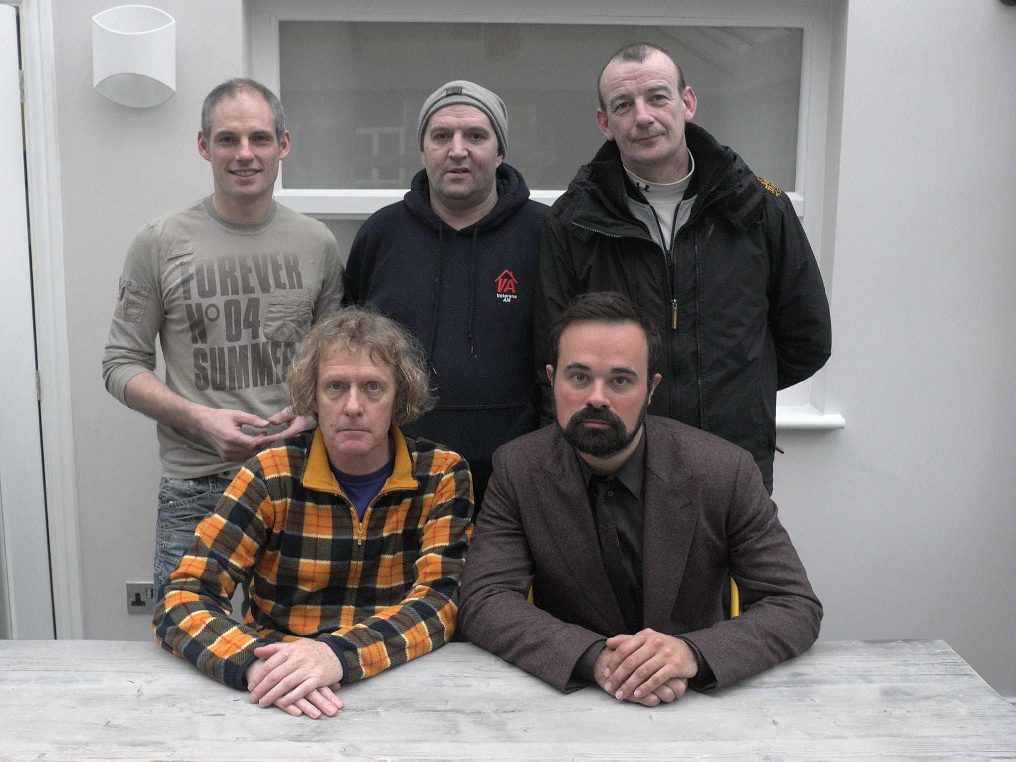 The veterans Mark Hayward, Hugh Thompson and Sean Staines (back) with Grayson Perry (front left) and Evgeny Lebedev