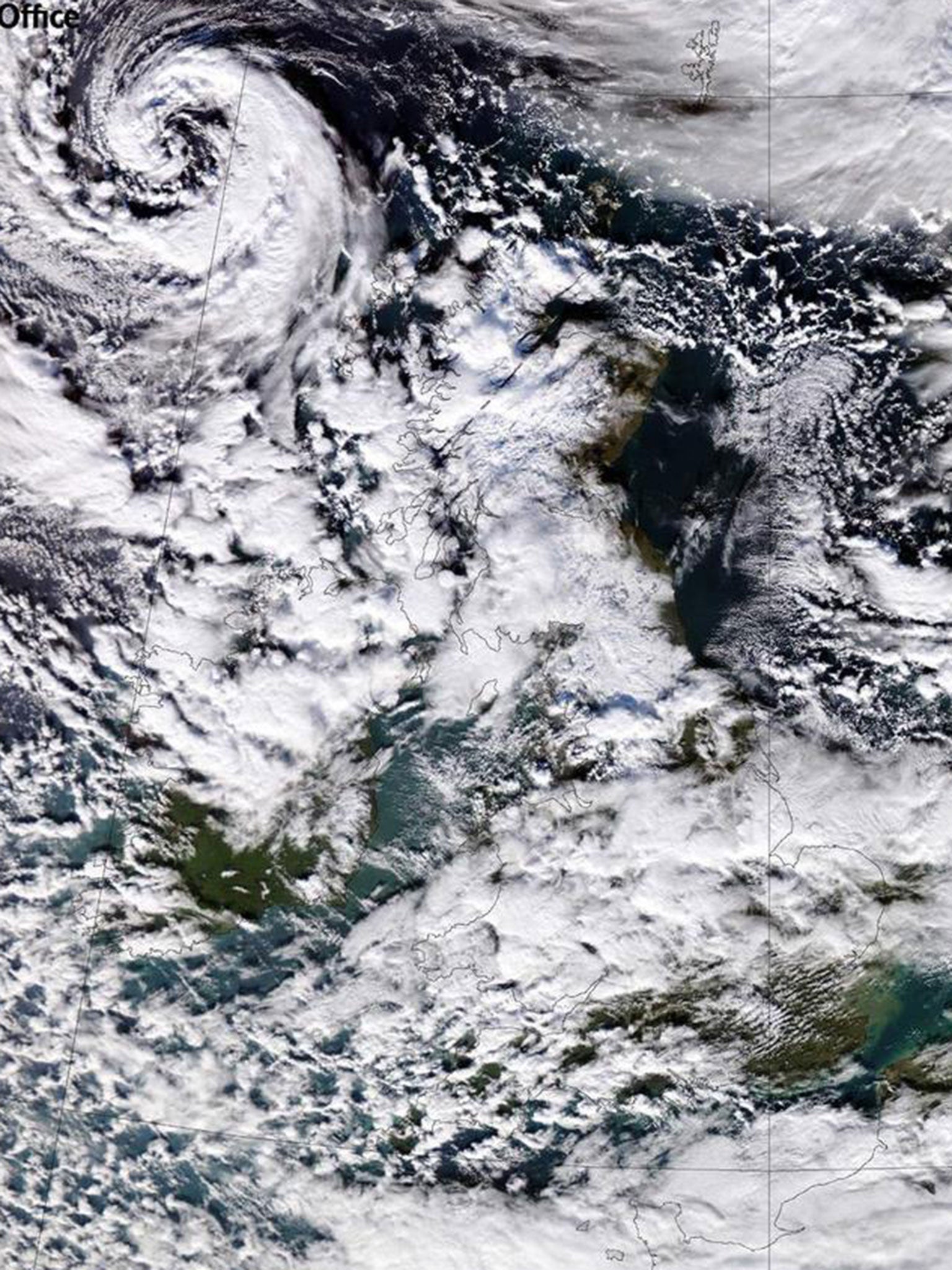 A satellite image by the Met Office showing northern Britain whited out by the snow on 29 January