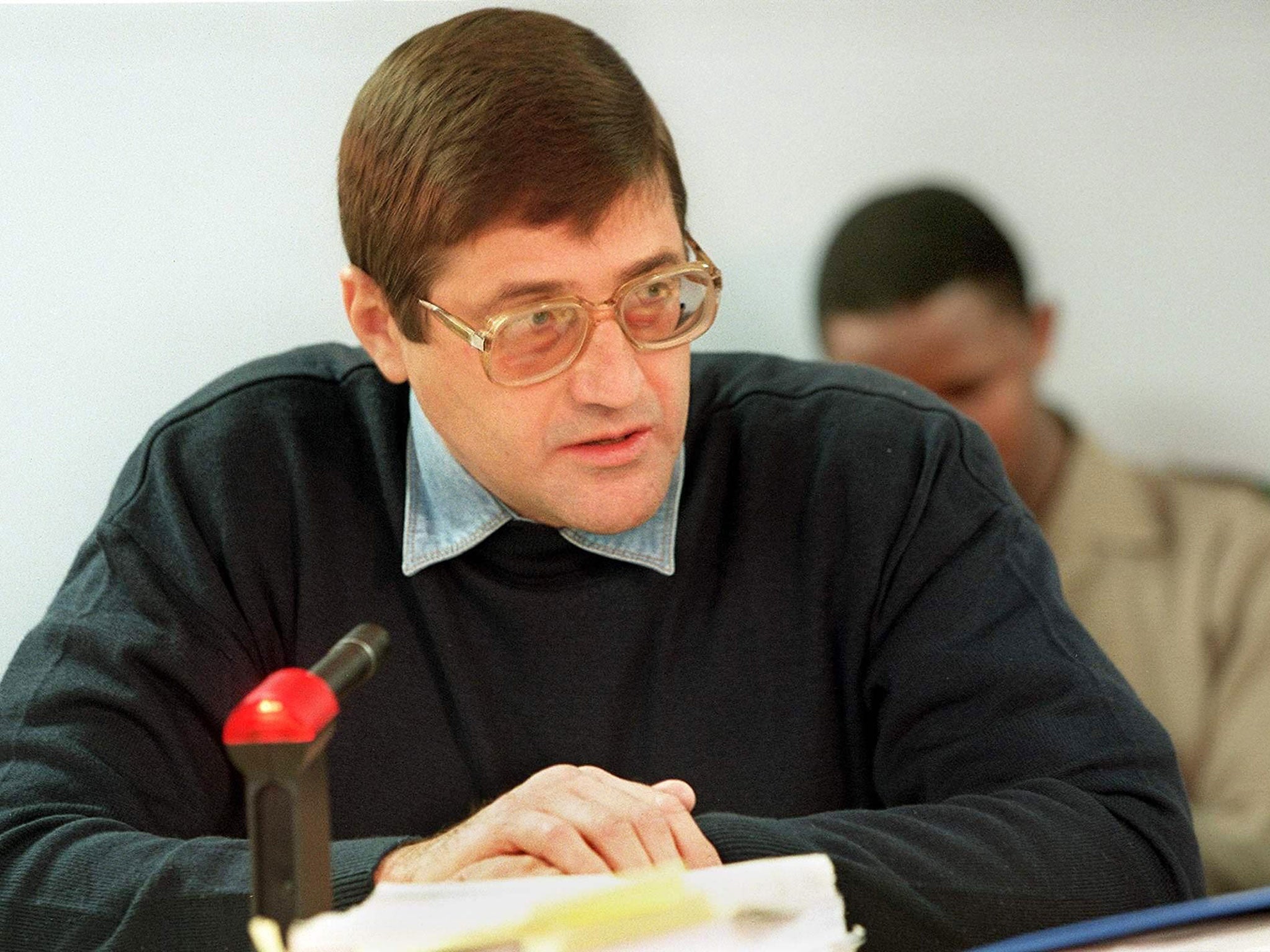 Eugene De Kock a former Vlakplaas commander speaks to the judge at a Truth and Reconcilation Commission in 1999