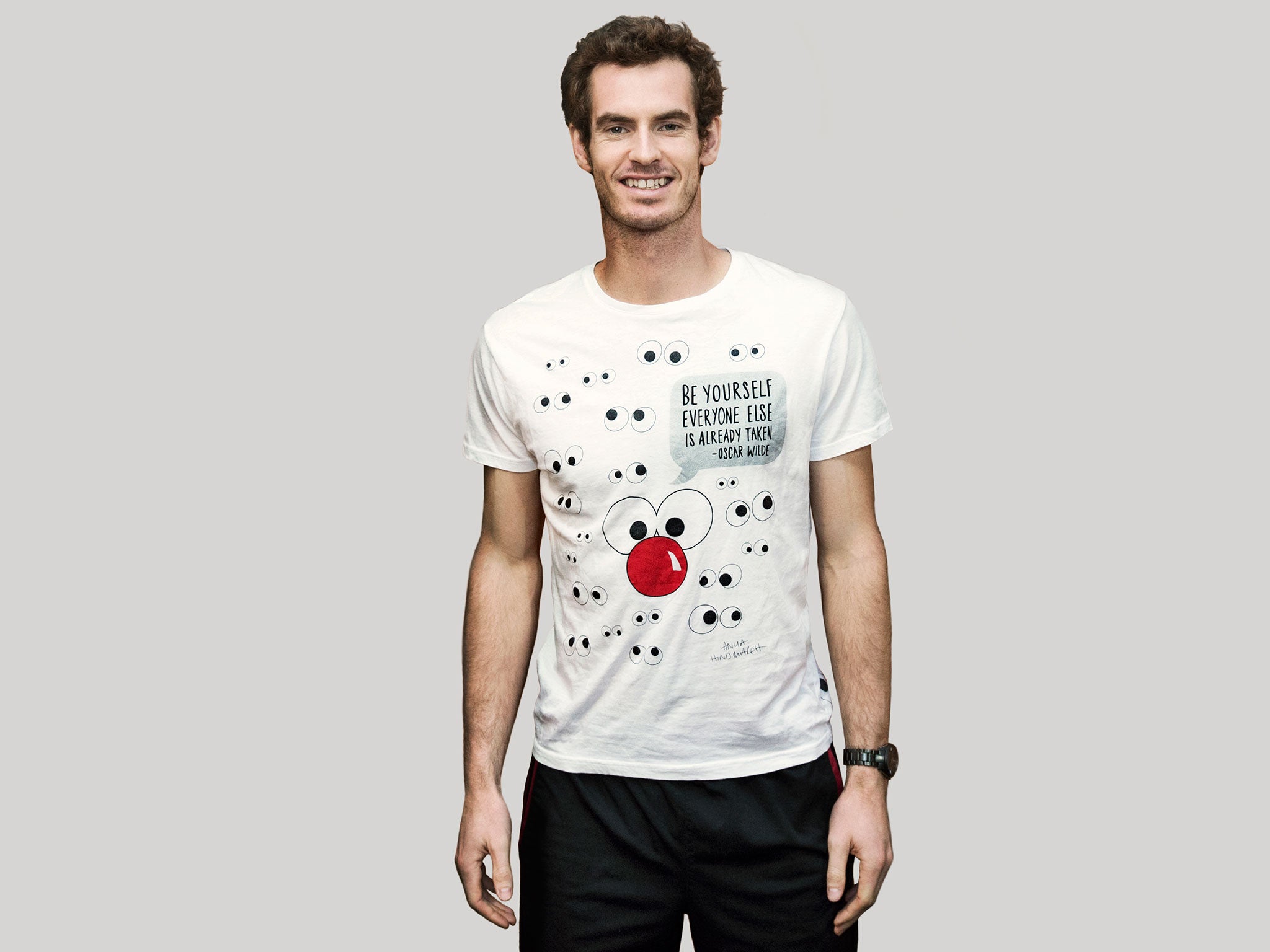 Andy Murray poses with Anya Hindmarch's design