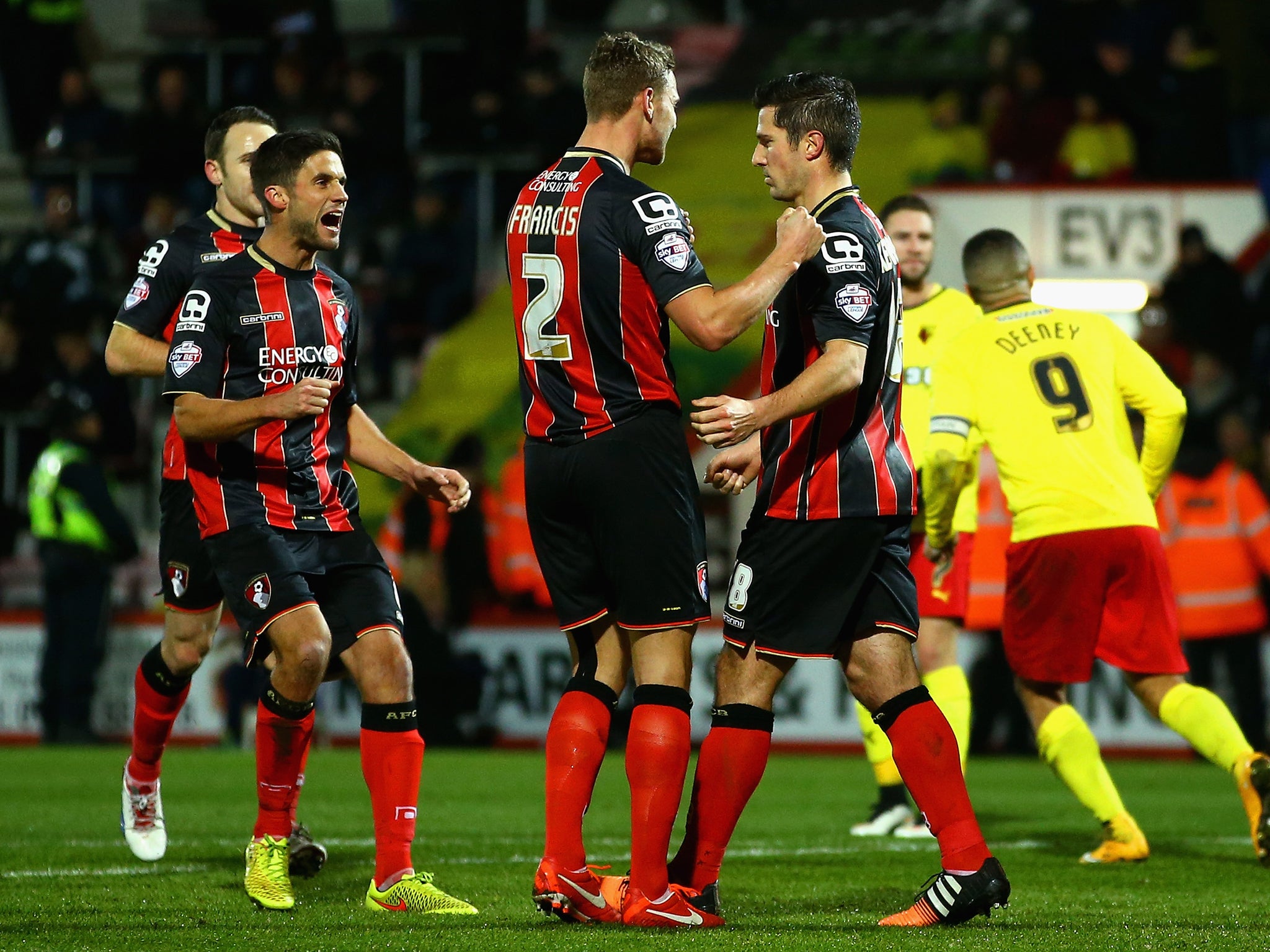 Yann Kermorgant of Bournemouth (R) celebrates scoring the opening goal