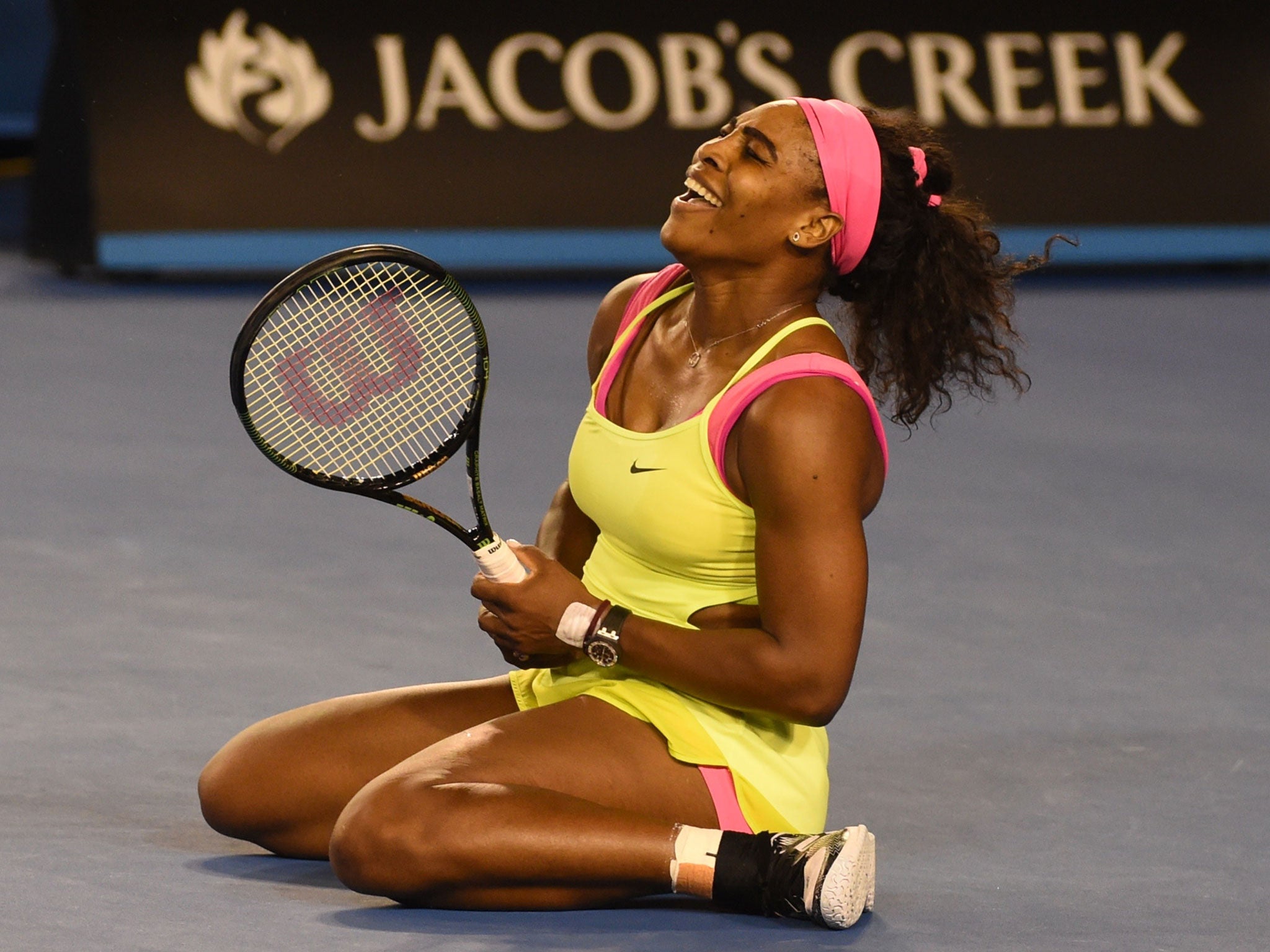 Serena Williams celebrates a point in her Australian Open victory over Maria Sharapova