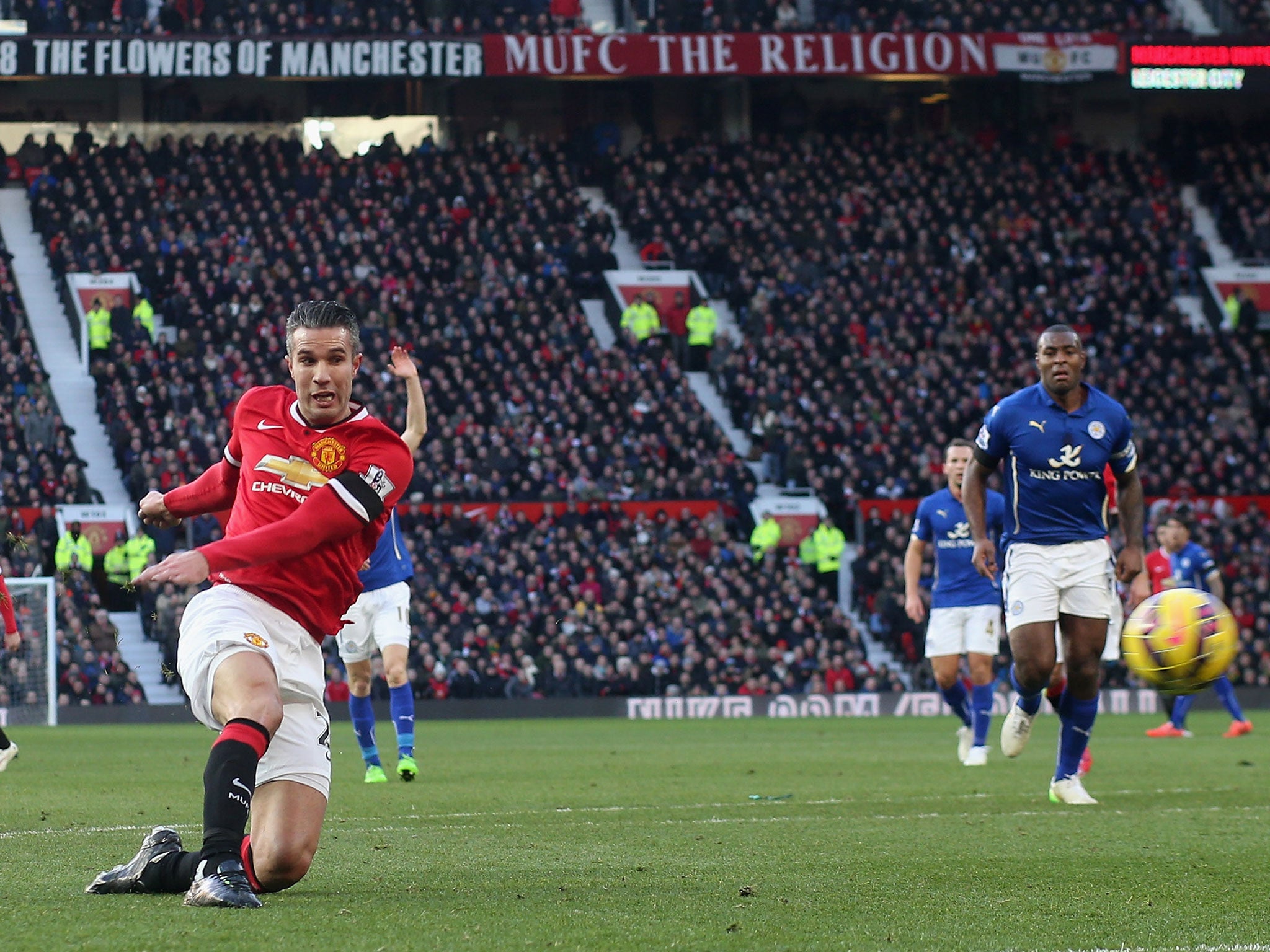 Robin van Persie scores against Leicester