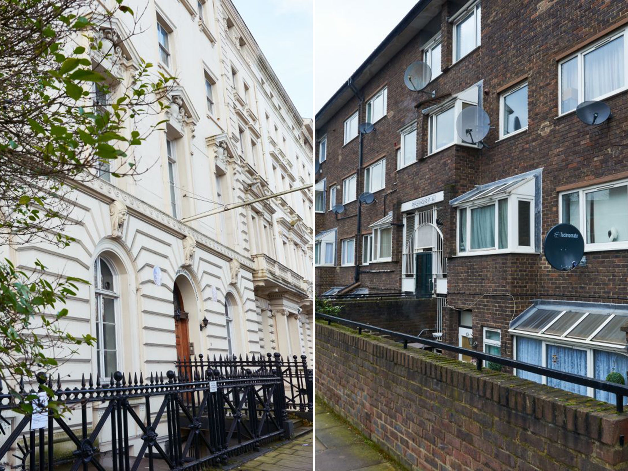 Princes Gate, left, and Golborne, where two-thirds of the resident children live in overcrowded homes (Micha Theiner)