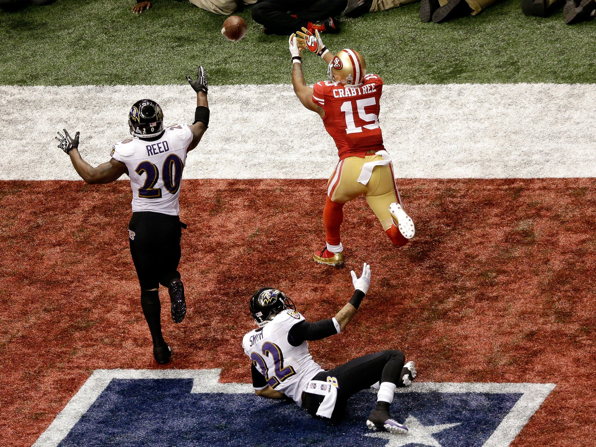 Michael Crabtreeof the San Francisco 49ers misses a catch during 2013's Super Bowl XLVII