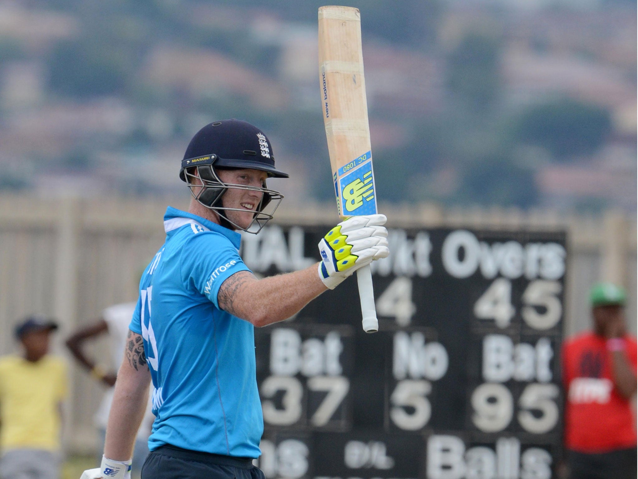 Stokes celebrates bringing up his century off 73 balls