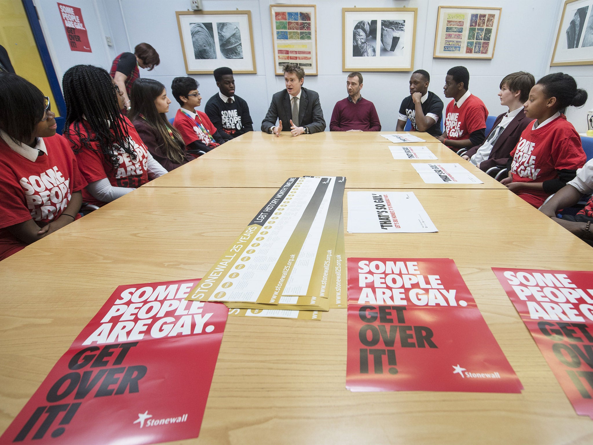 Shadow Education Secretary Tristram Hunt meets with pupils during a visit to Little Ilford School, London, where Hunt launched a plan for 'zero tolerance' of homophobic language and bullying in schools in England