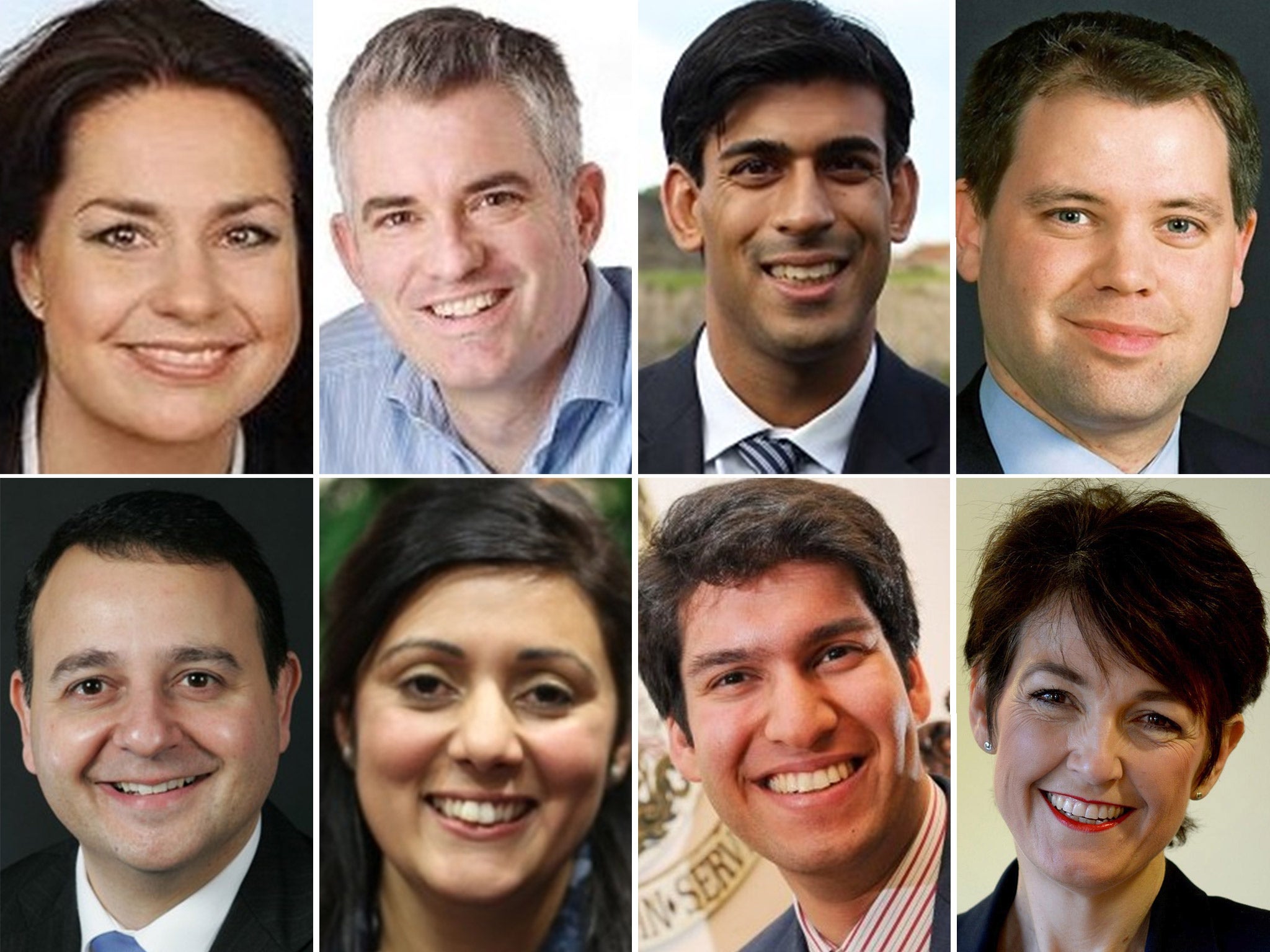 Cameron’s children (eight of the 25 candidates, clockwise from top left): Heidi Allen, James Cartlidge, Rishi Sunak, Edward Argar, Jo Churchill, Ranil Jayawardena, Nusrat Ghani, Alberto Costa