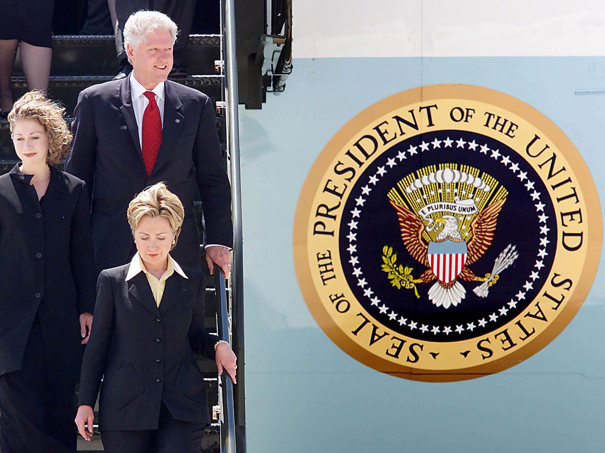 Former President Bill Clinton, First Lady Hillary Clinton and daughter Chelsea getting off Air Force One in 2000.