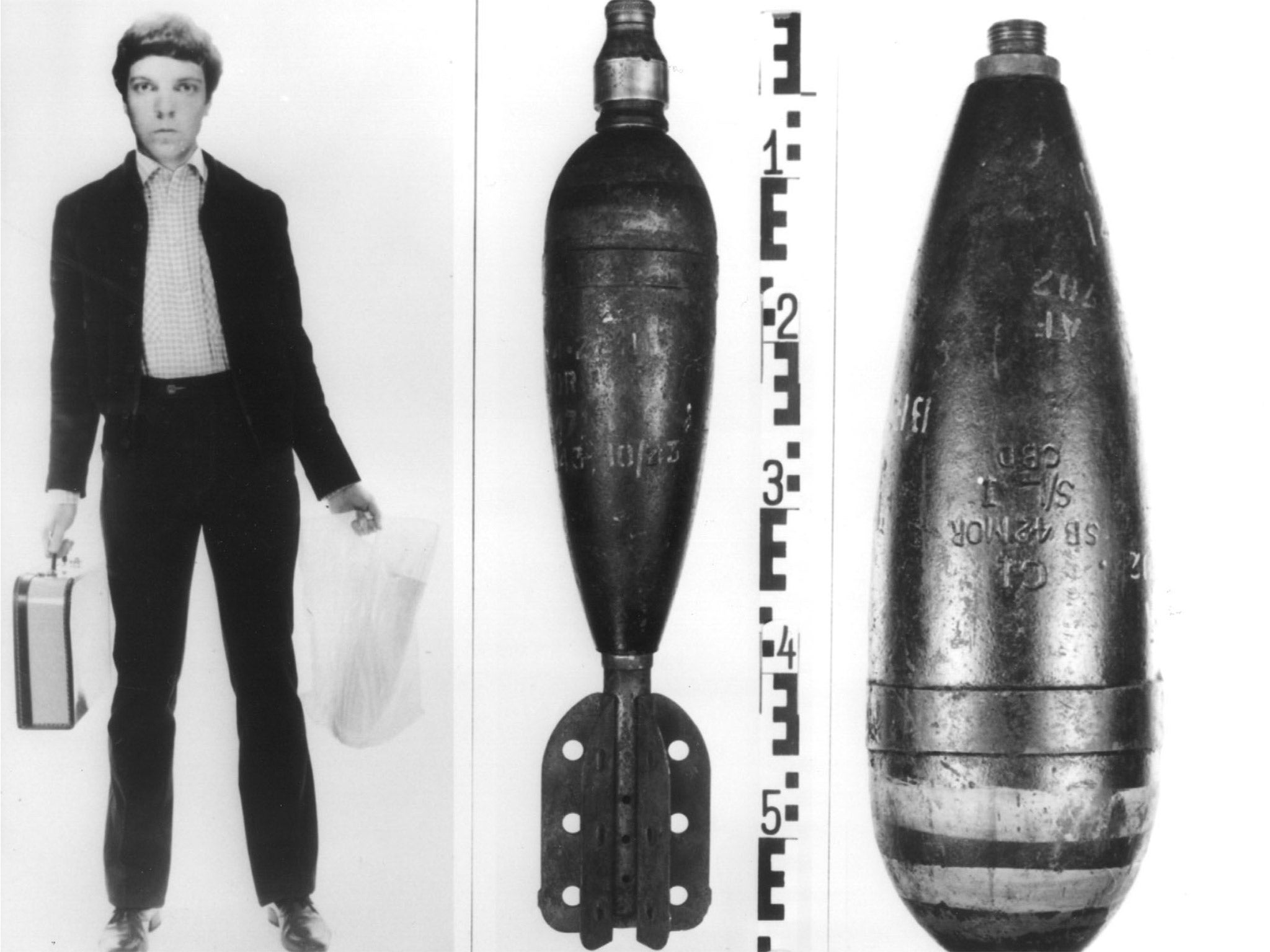 Gundolf Köhler, left, was named as the sole bomber. Right, the mortar shell with guid nozzle, of the kind used in the bombing