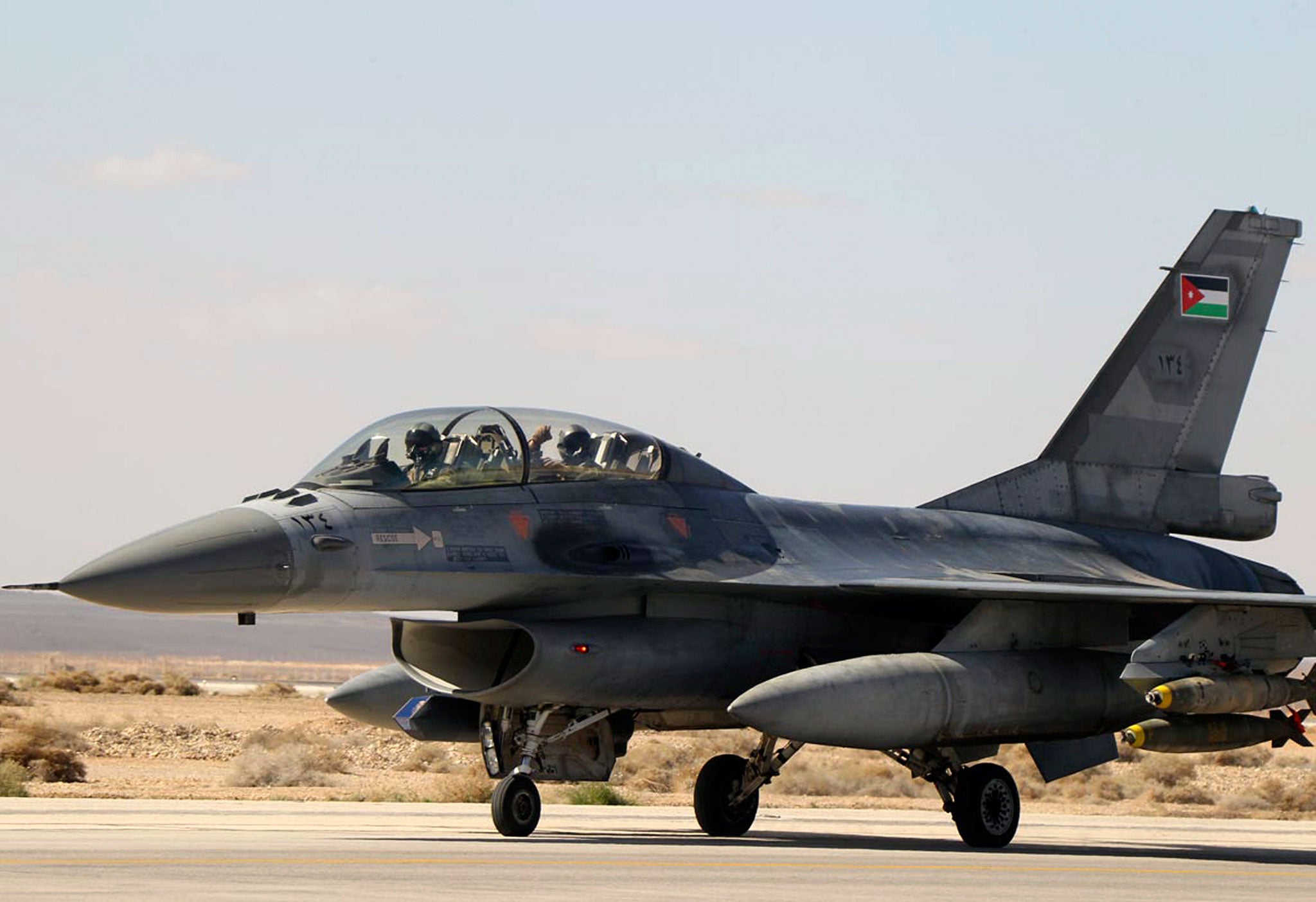 A Royal Jordanian Air Force plane takes off from an air base to strike the Islamic state in the Syrian city of Raqqa