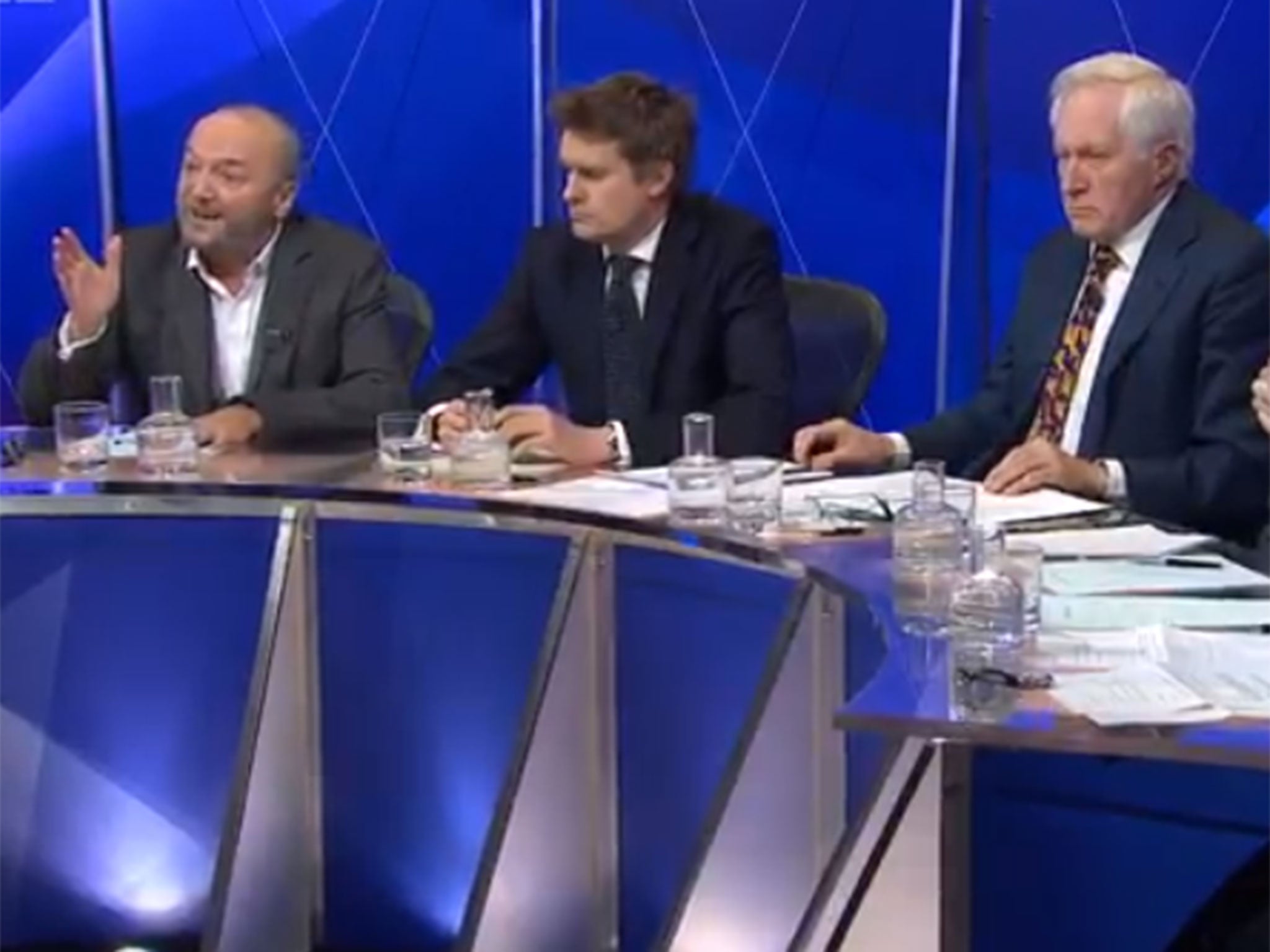 George Galloway MP next to Labour's Tristram Hunt and David Dimbleby.