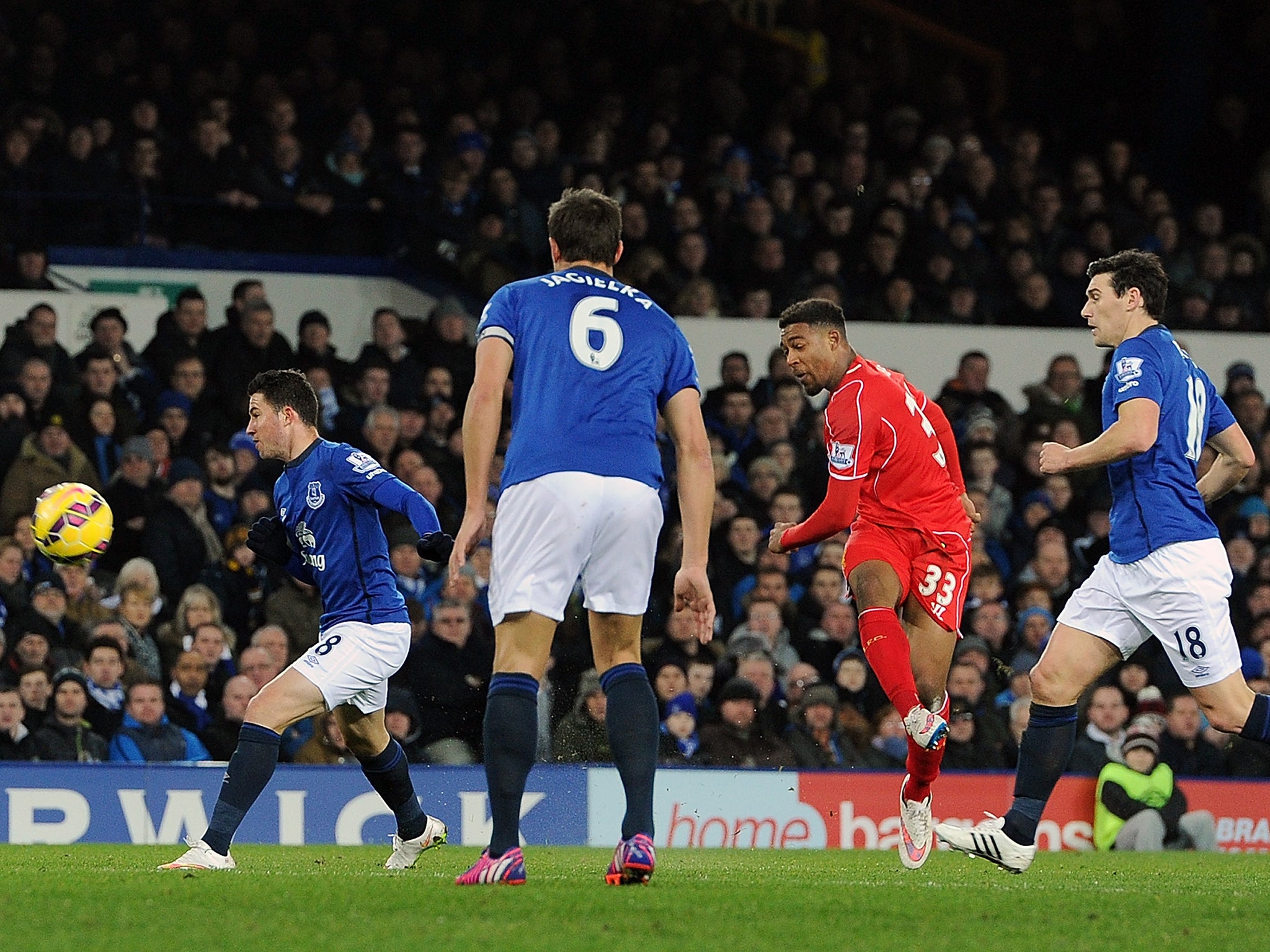 Jordon Ibe nearly scores for Liverpool against Everton, hitting the post