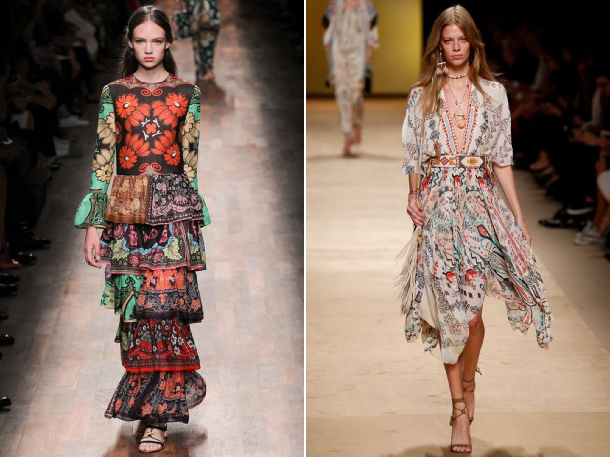 Valentino's collection, left, and that of Etro both featured designs that resembled those of Thea Porter's 70s Gypsy style