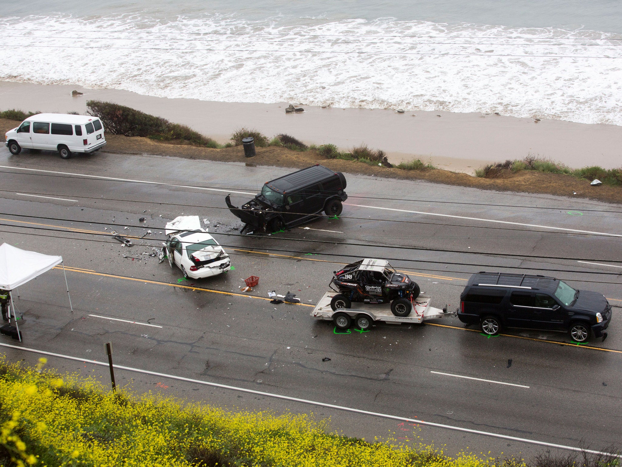 Olympic gold medalist Bruce Jenner was in one of the cars involved in the four-vehicle crash that left one woman dead and seven others injured