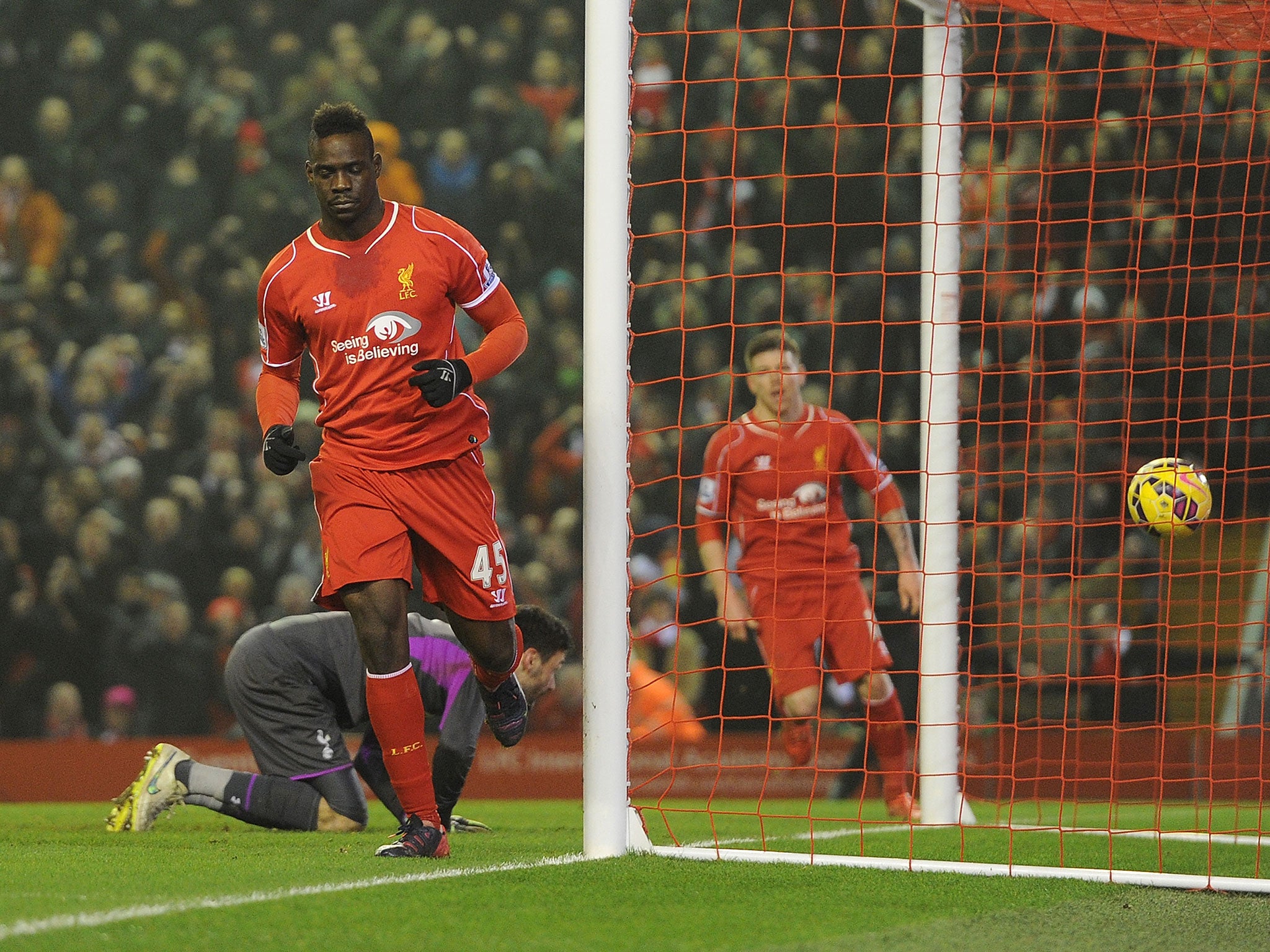 Mario Balotelli scores his first Premier League goal for Liverpool