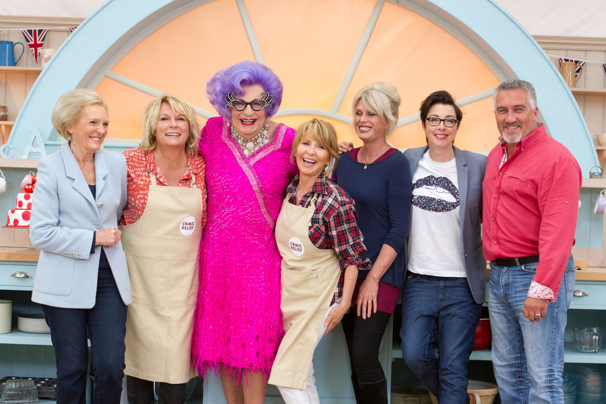 Mary Berry, Jennifer Saunders, Dame Edna Everage, Lulu, Joanna Lumley, Sue Perkins, Paul Hollywood in the Bake Off tent