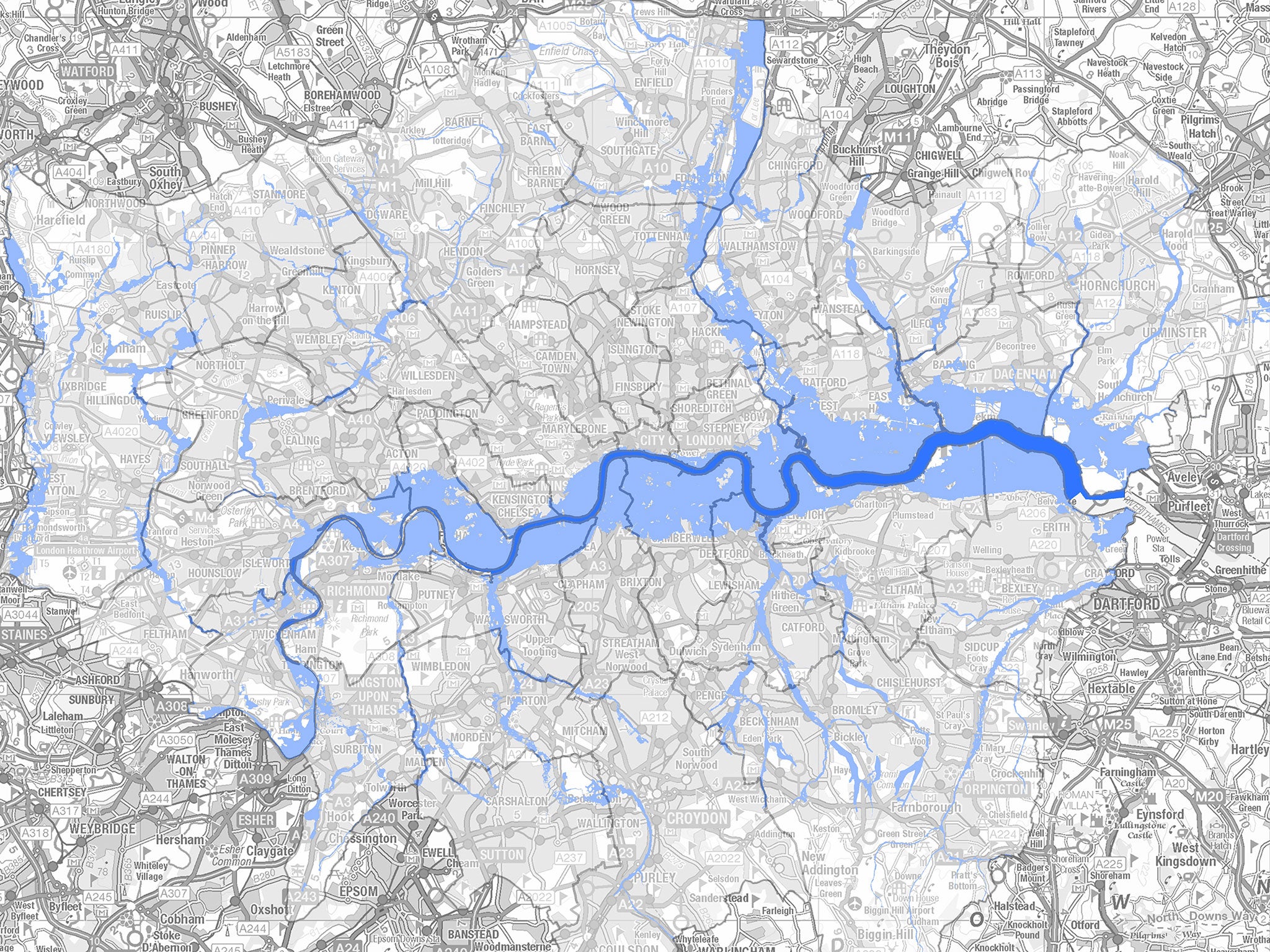 Groundsure's flood risk map shows the parts of London deemed to be at risk by the Environment Agency