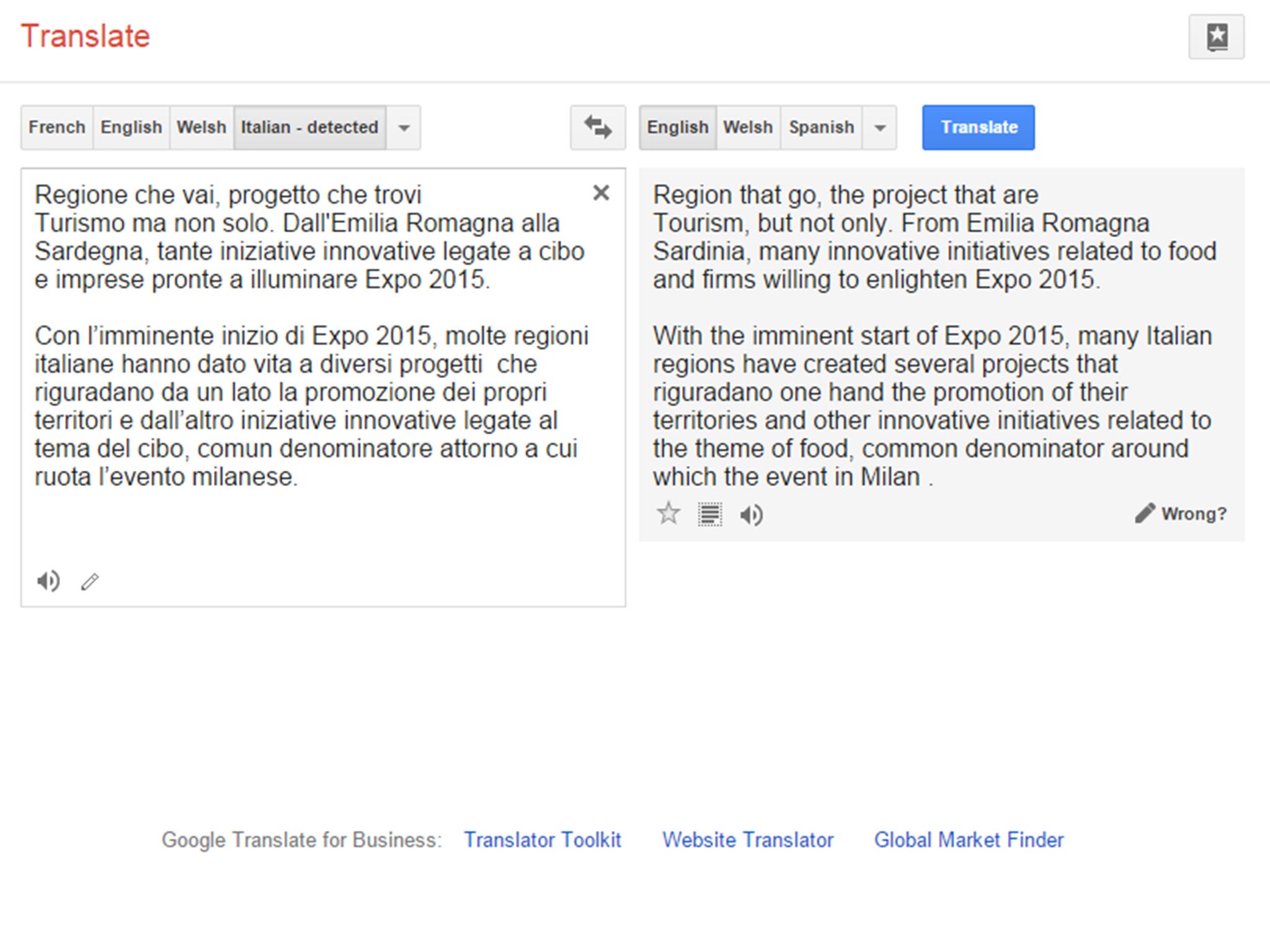 Google translate results - which match word for word with what is on the site