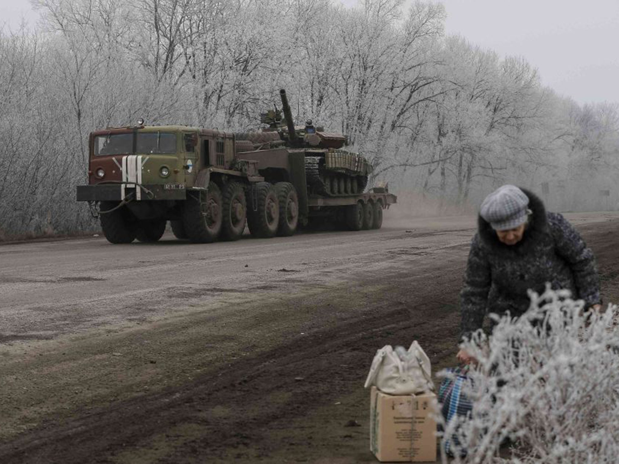 A tank being transported near Artyomovsk towards the key strategic town of Debaltseve