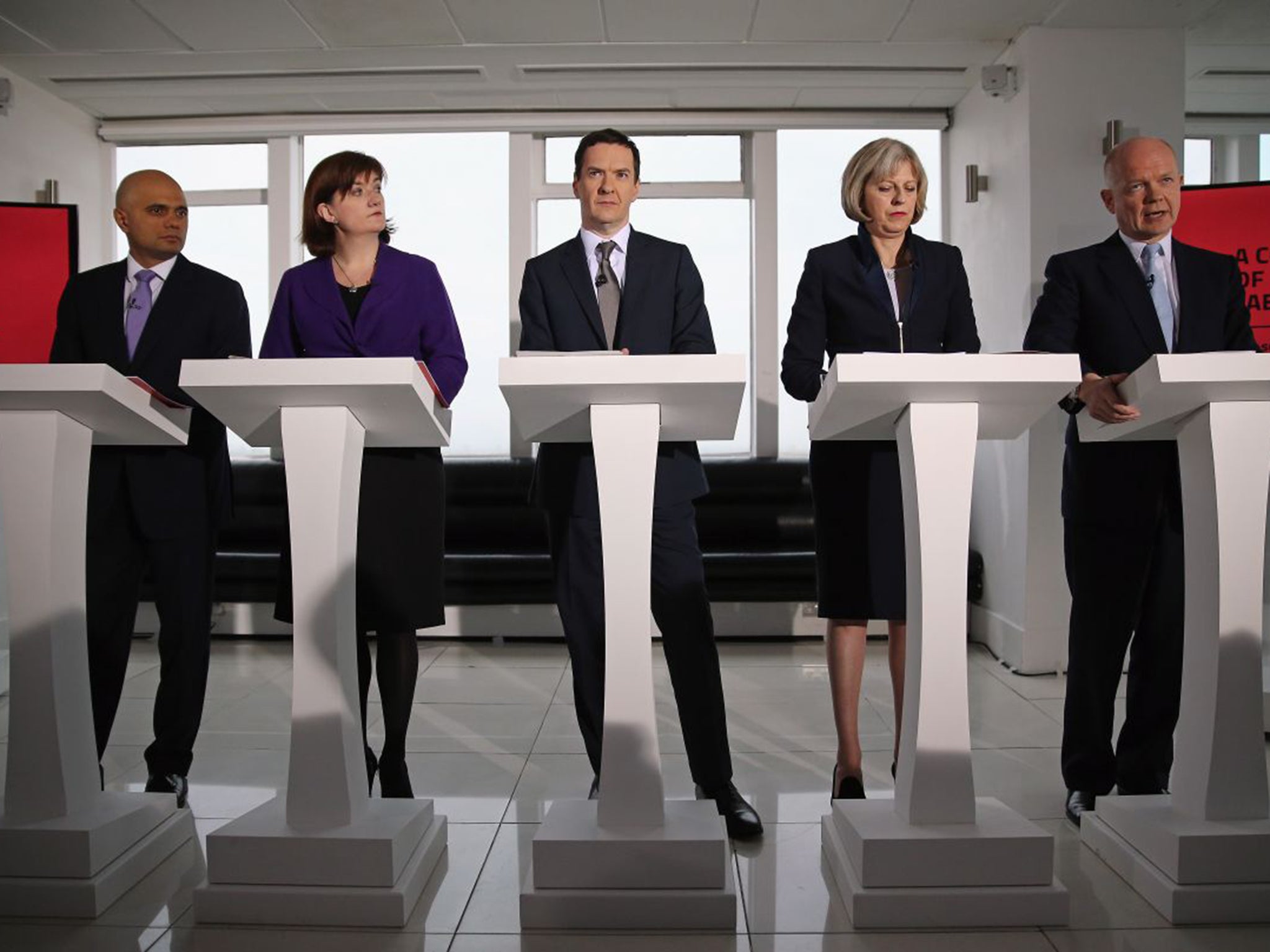 From left to right: Sajid Javid, Nicky Morgan, George Osborne, Theresa May and William Hague. All but the latter are potential successors