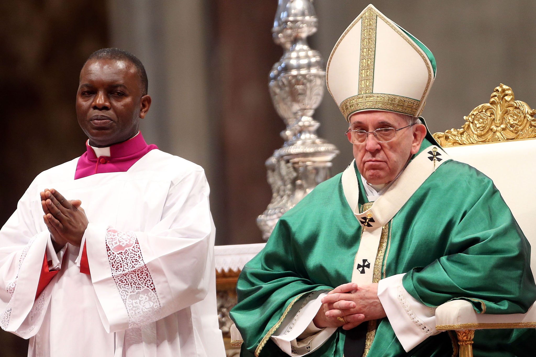 Pope Francis attends a Mass with newly appointed cardinals at St. Peter's Basilica on February 15, 2015 in Vatican City