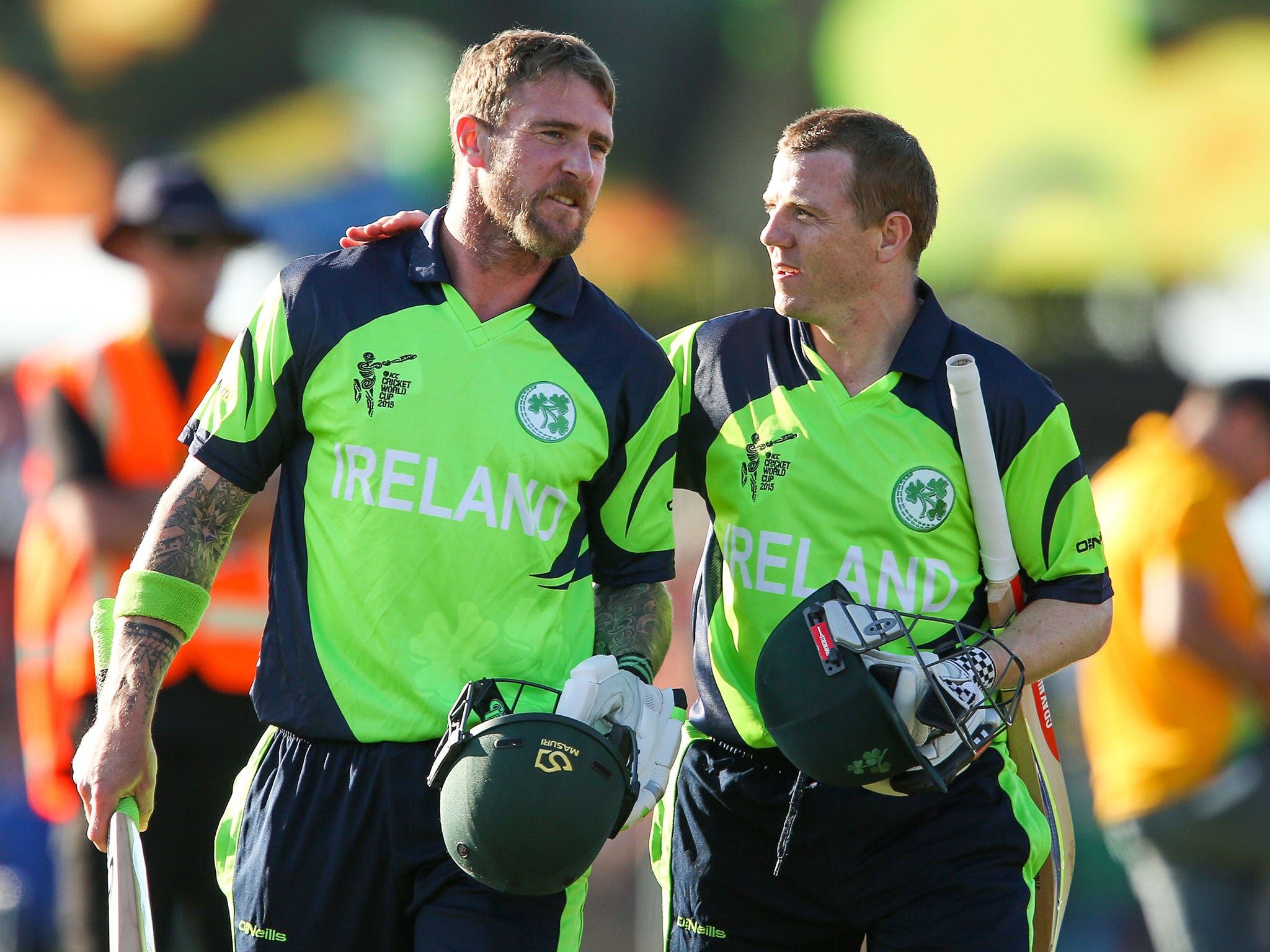 John Mooney and Niall O'Brien celebrate the victory over West Indies