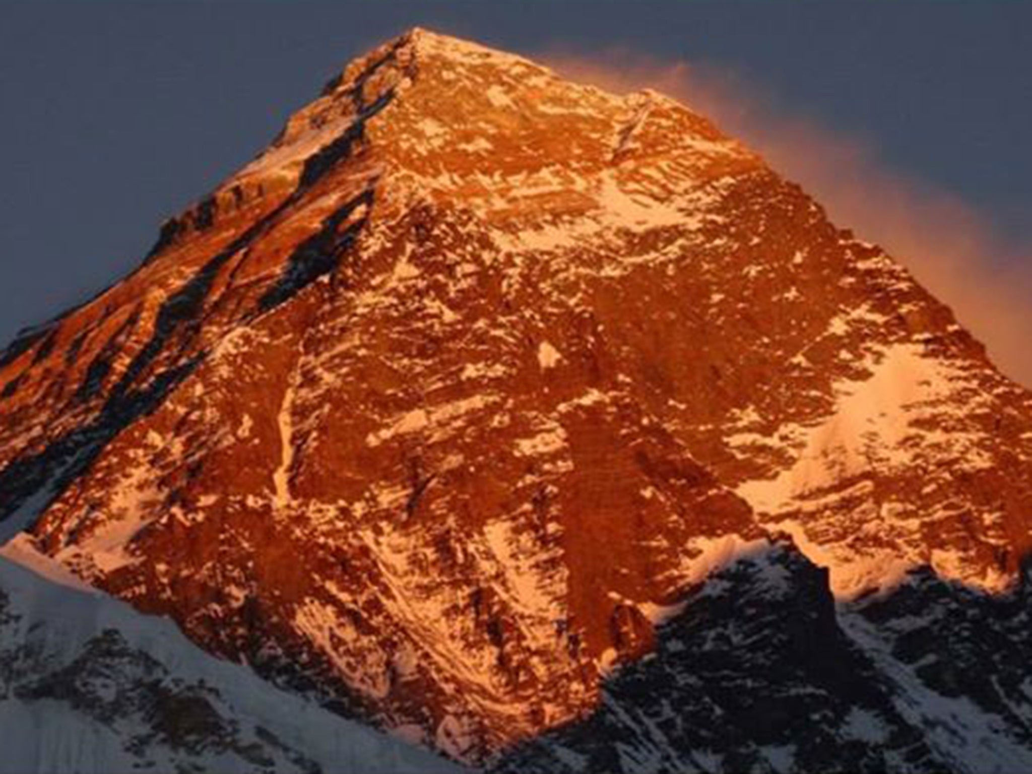 Everest itself, glowing in the sunlight