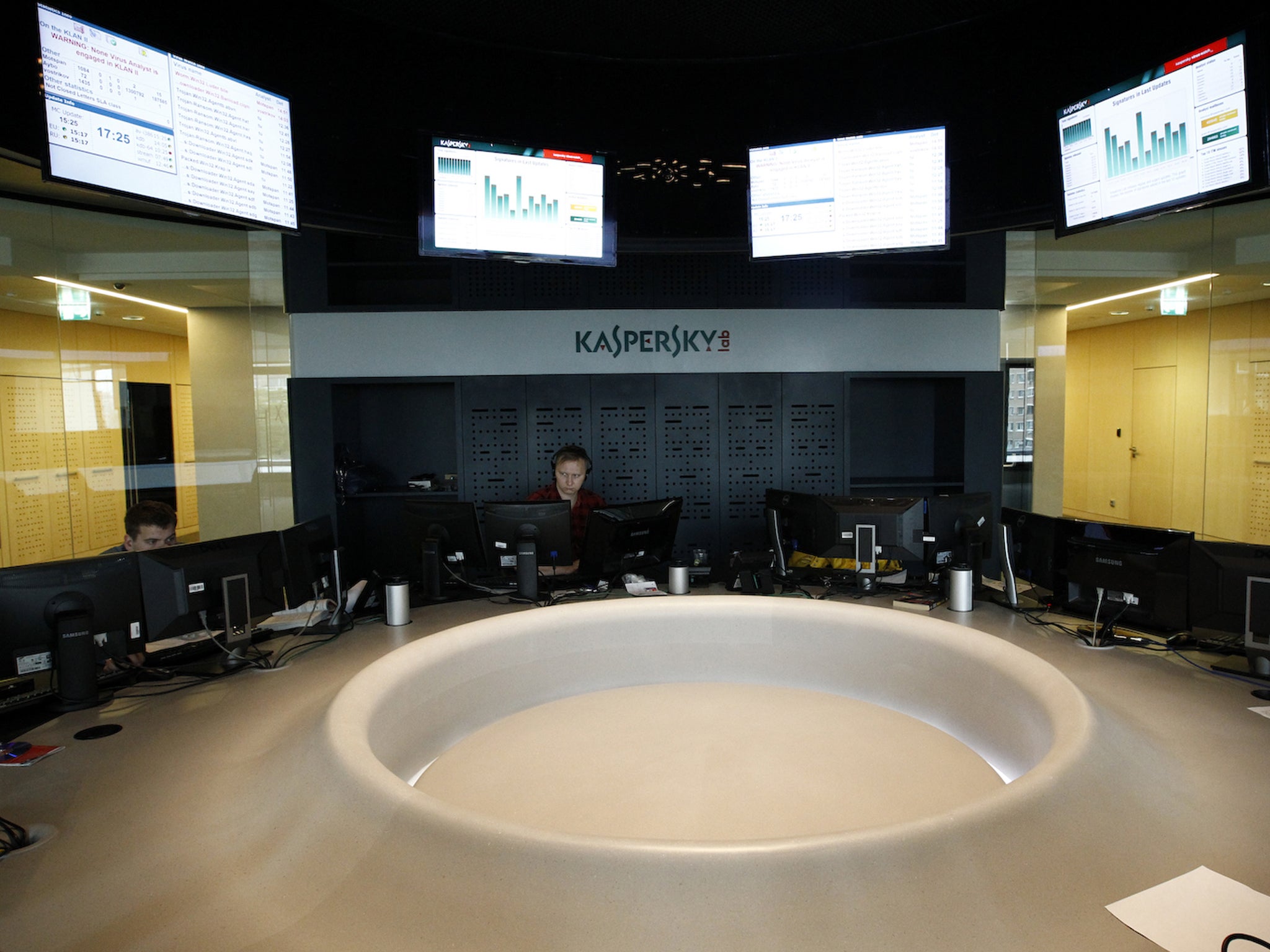 Employees work at the headquarters of Kaspersky Labs, a company which specialises in the production of antivirus and internet security software