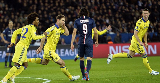 Willian, Branislav Ivanovic and Gary Cahill celebrate Chelsea's goal