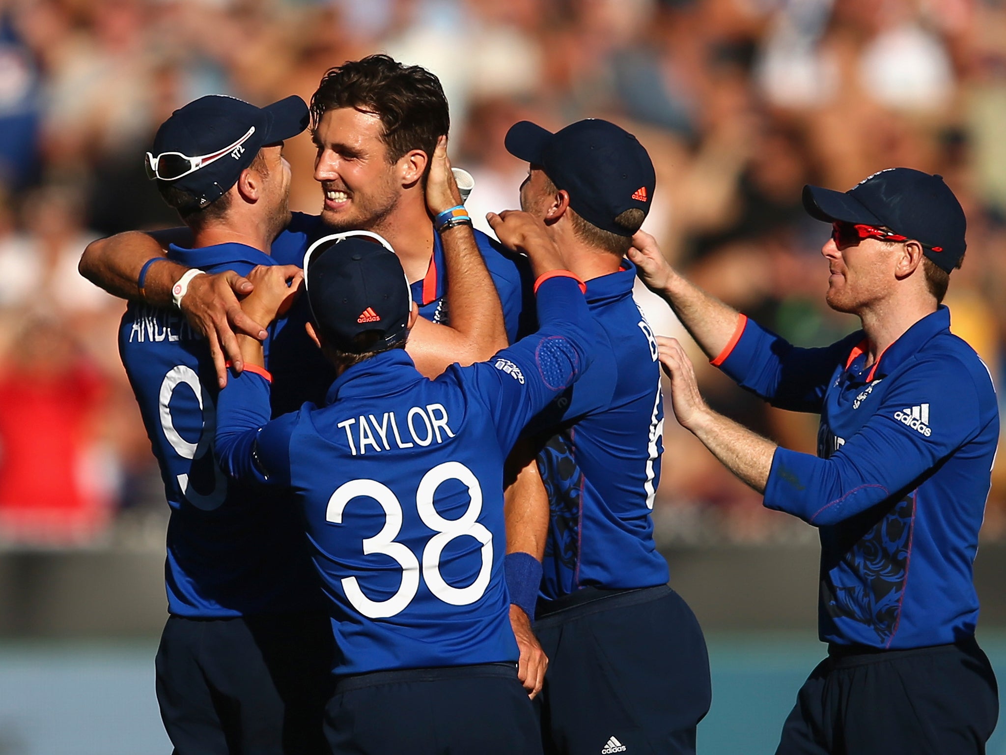 Steven Finn of England celebrates